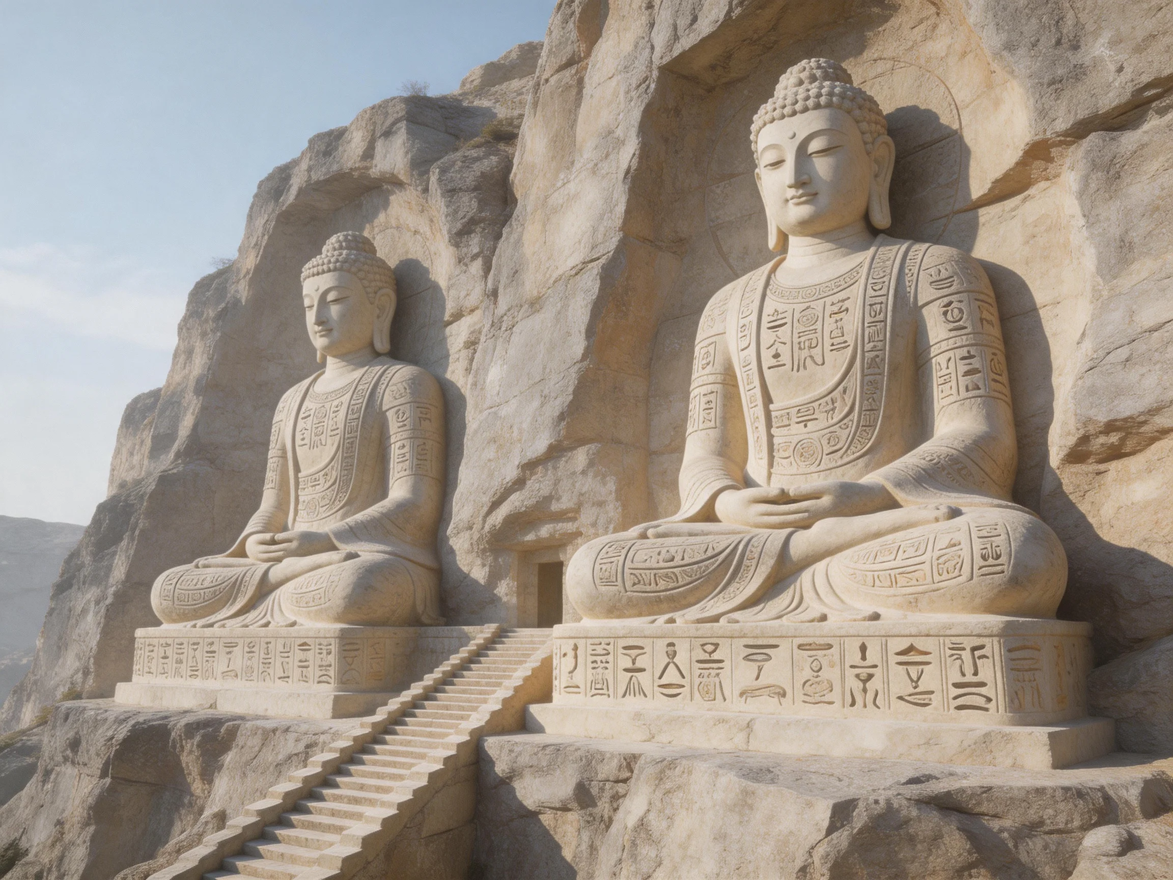 Two massive stone Buddha statues carved into a rocky cliffside