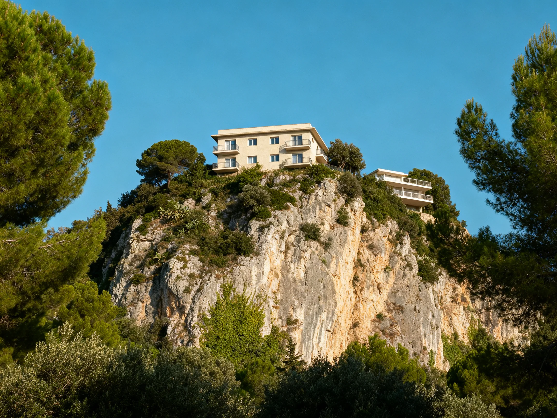 Two modern homes atop a rugged cliffside with green surroundings