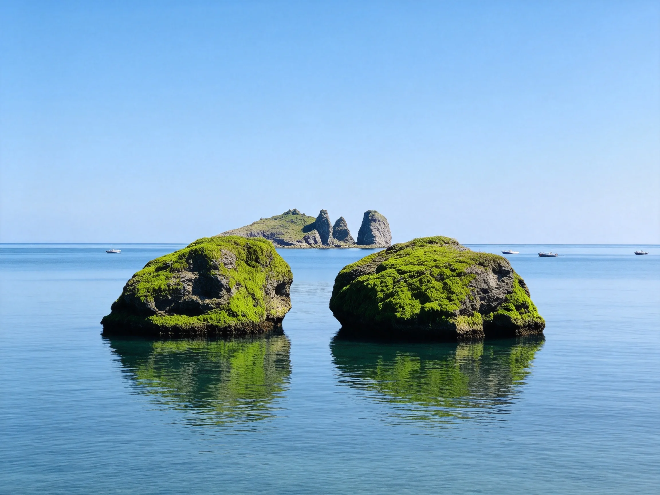Two moss-covered rocks float in calm turquoise waters near a rocky island