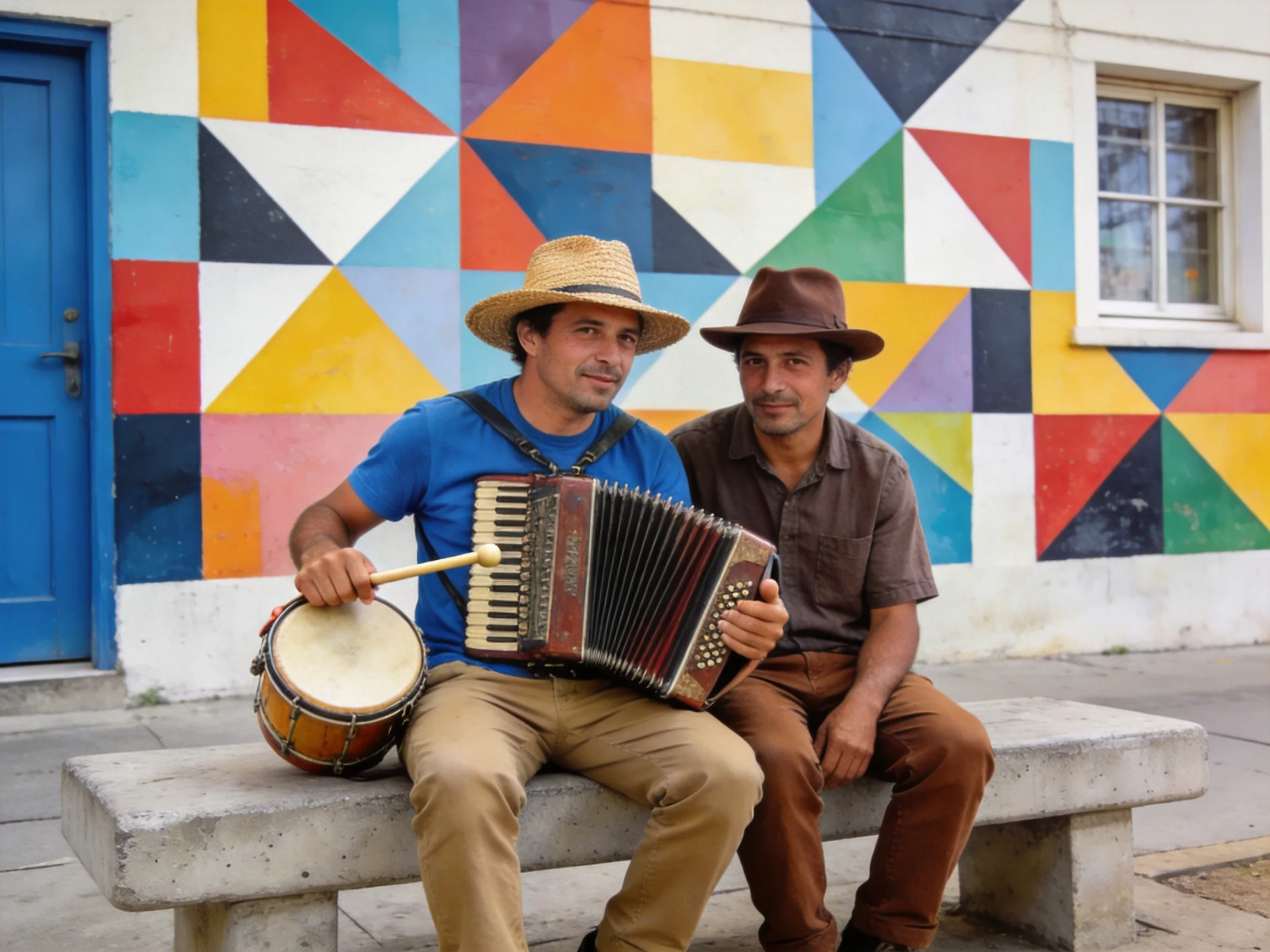 Two musicians sit on a bench with an accordion, drum, and colorful mural