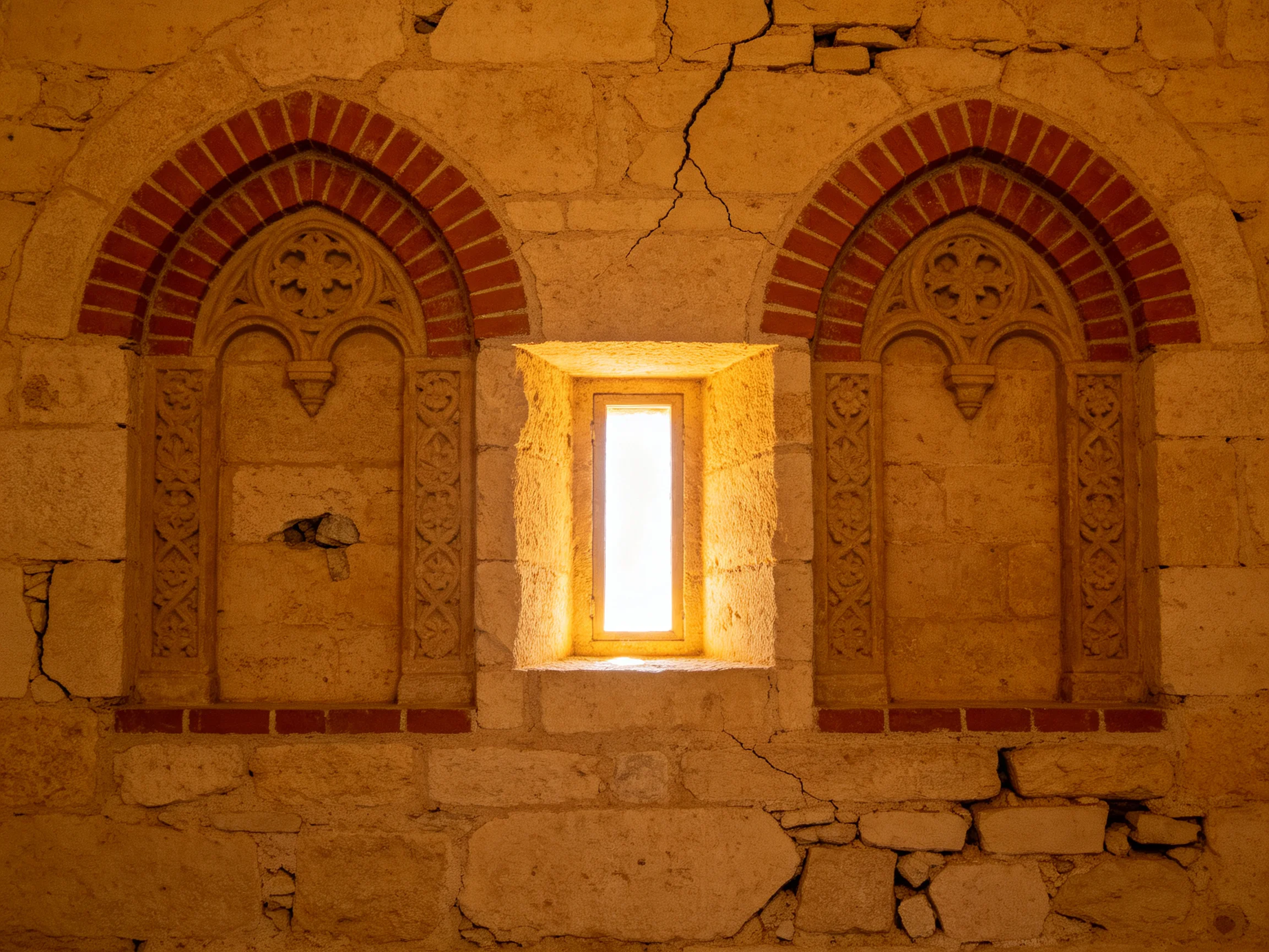 Two ornate brick-arched niches flank a bright central window in an aged stone wall