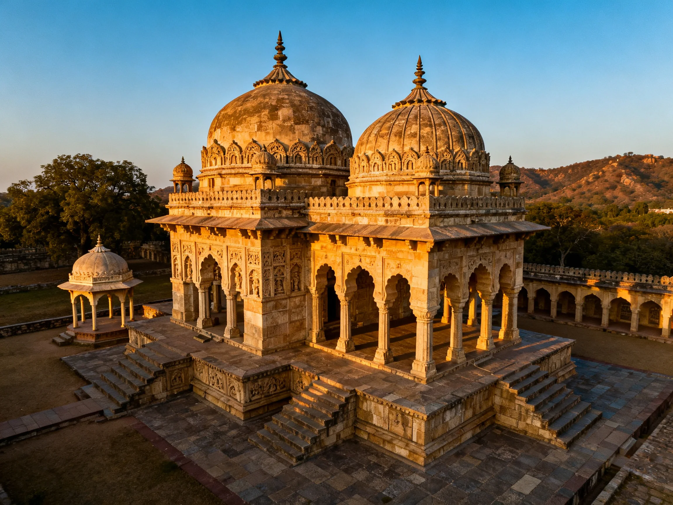 Two ornate domed temples bathed in golden sunset light