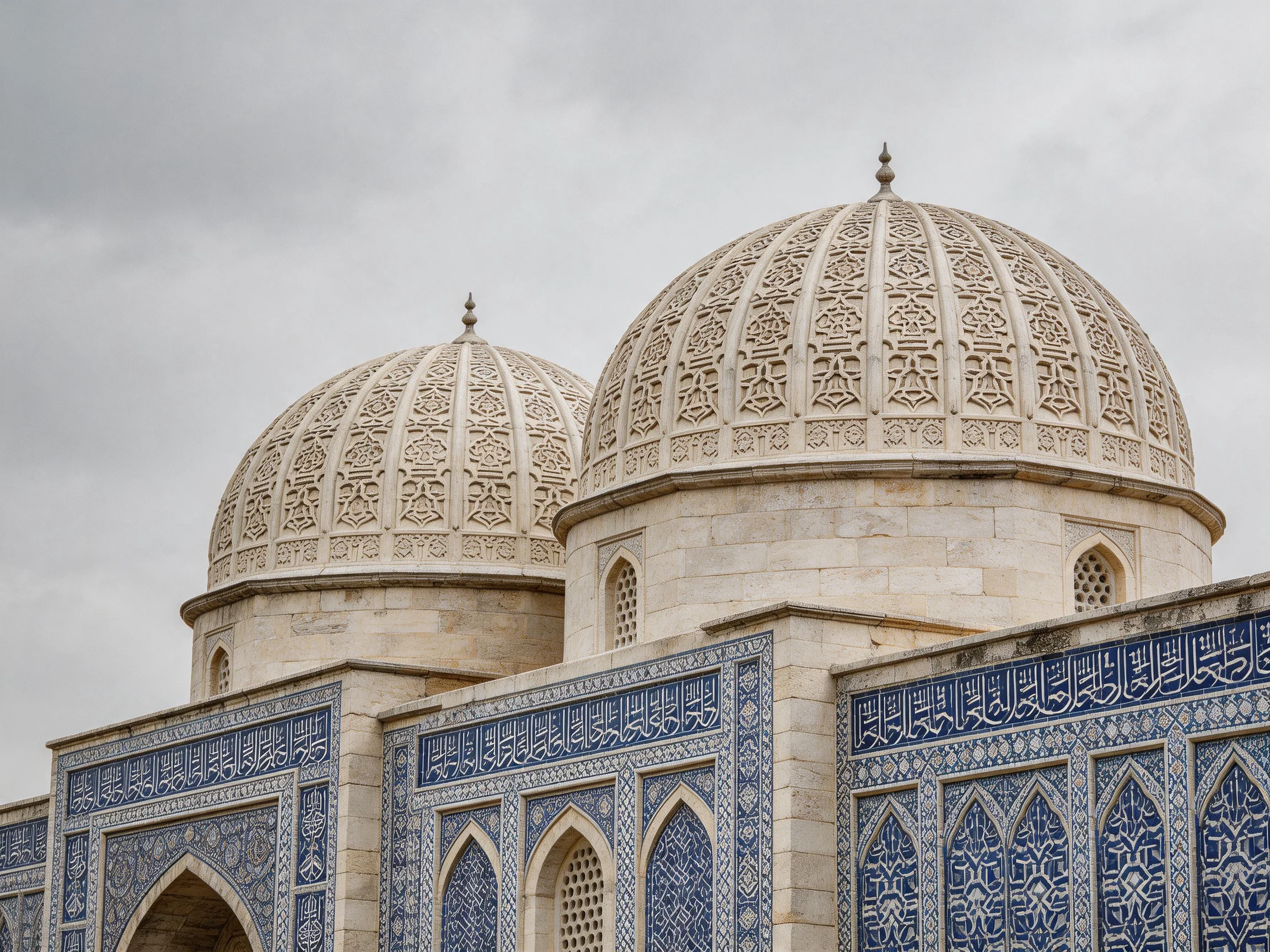 Two ornate domes atop a structure with blue tile details