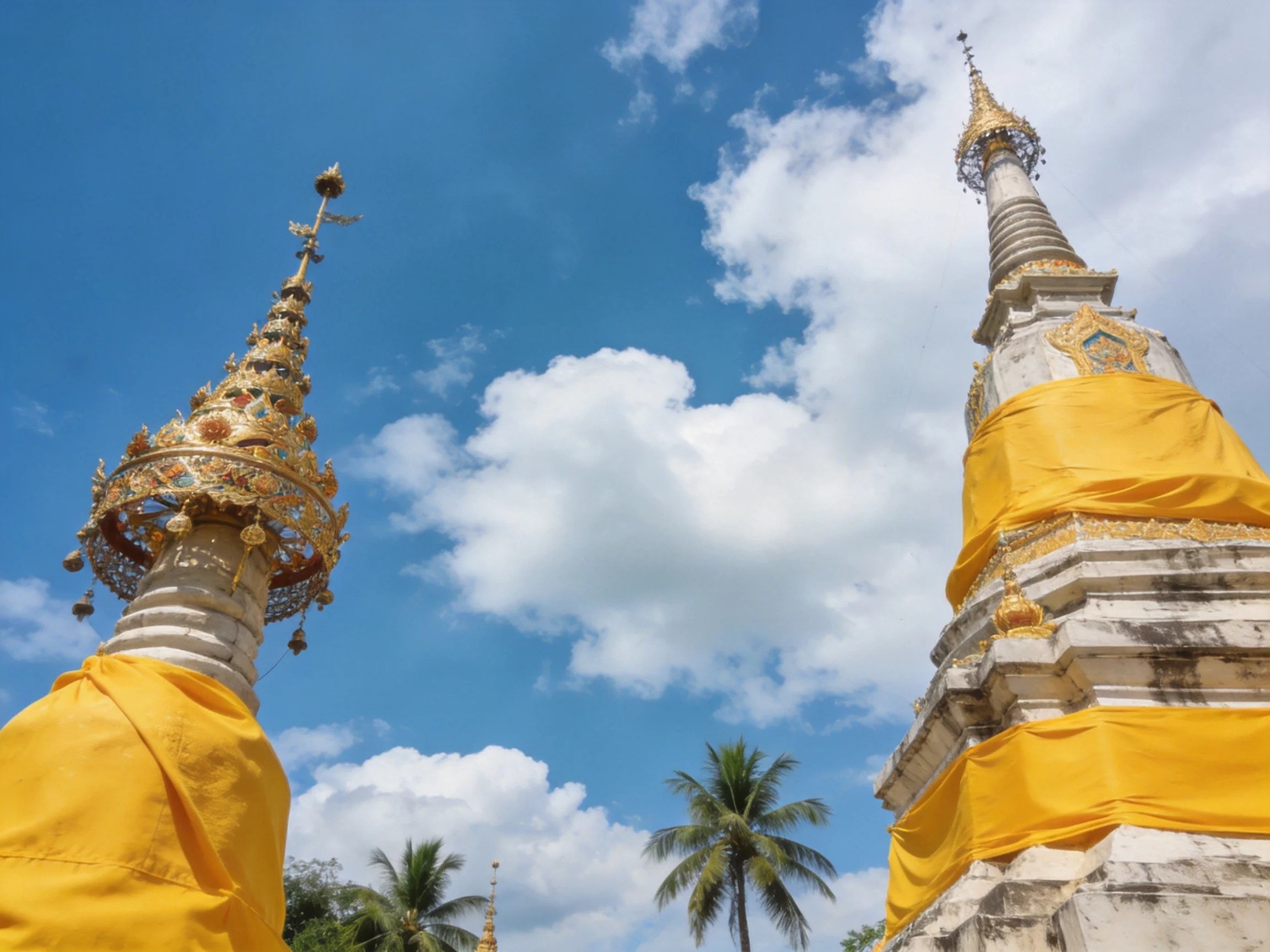 Two ornate golden spires wrapped in yellow cloth against bright blue sky