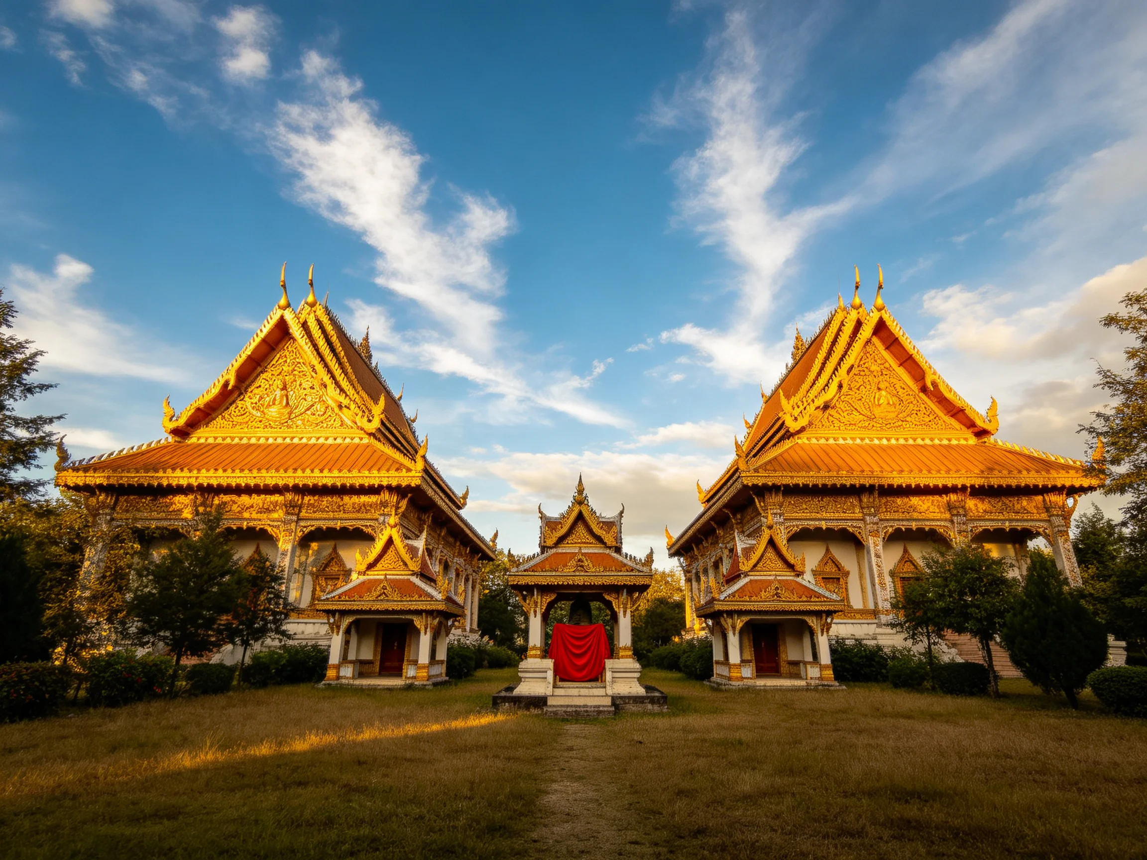 Two ornate golden temples with red cloth beneath a bright blue sky