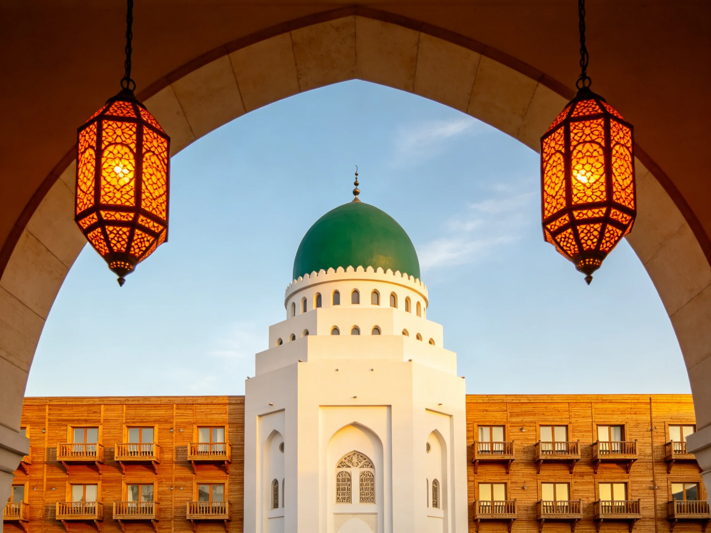 Two ornate lanterns frame a white domed structure with green roof