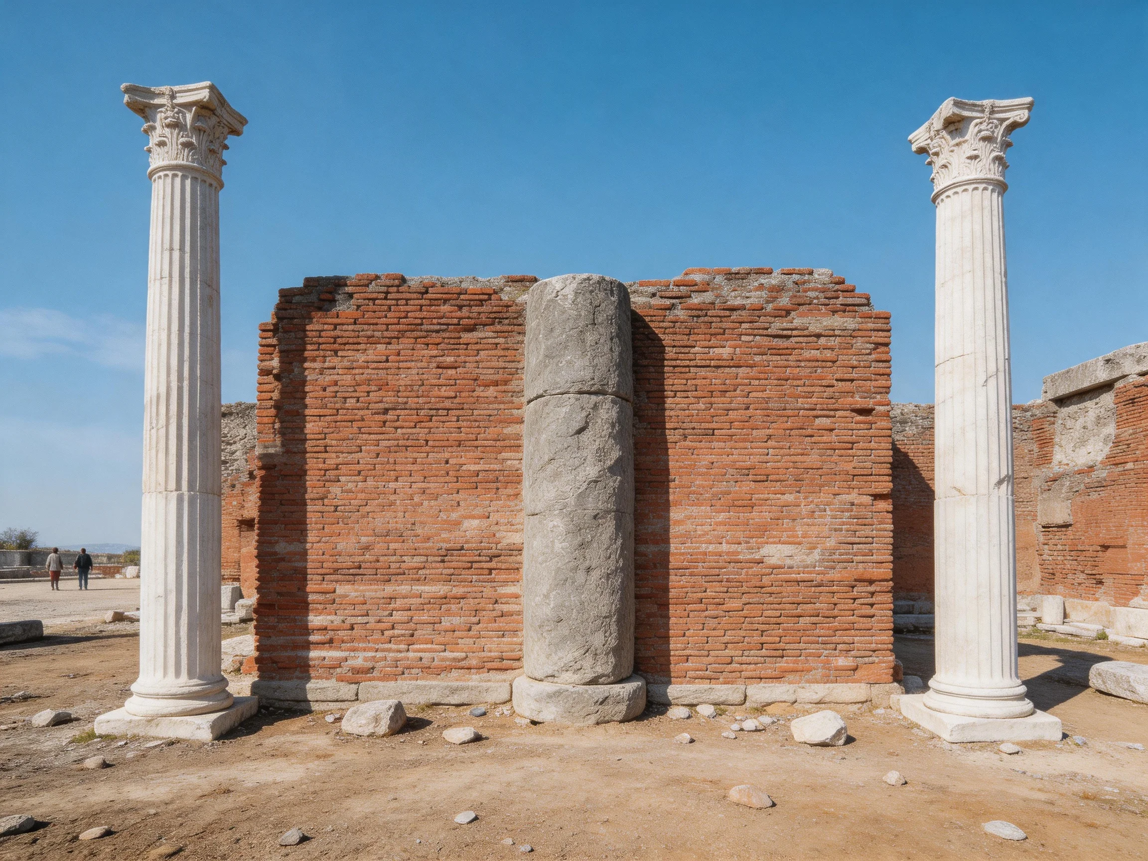 Two ornate white columns beside a weathered brick wall in ancient ruins