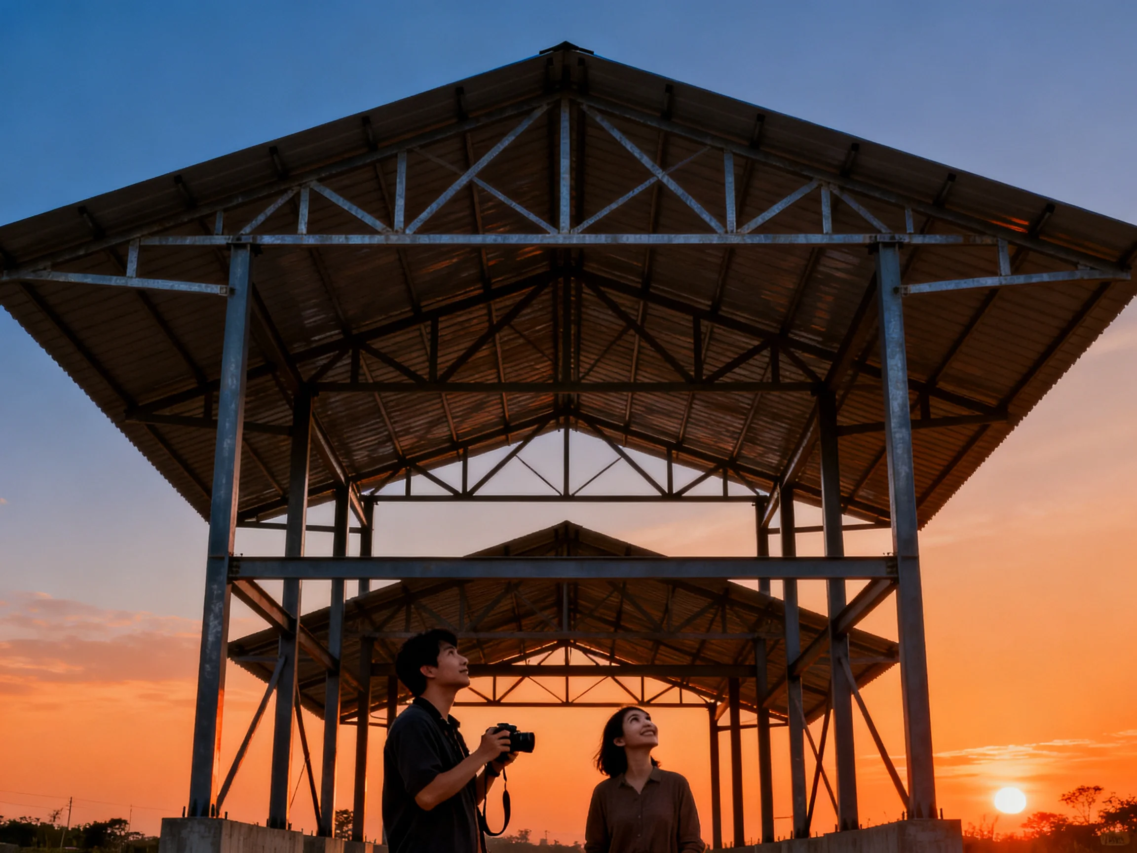 Two people beside a large metal shelter under vibrant sunset hues
