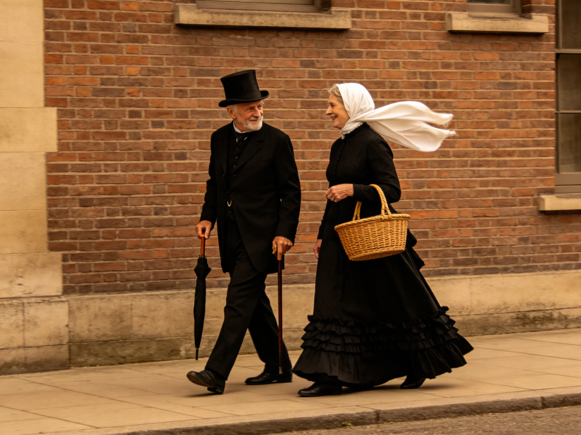 Two people in black historical clothing walk by a brick building