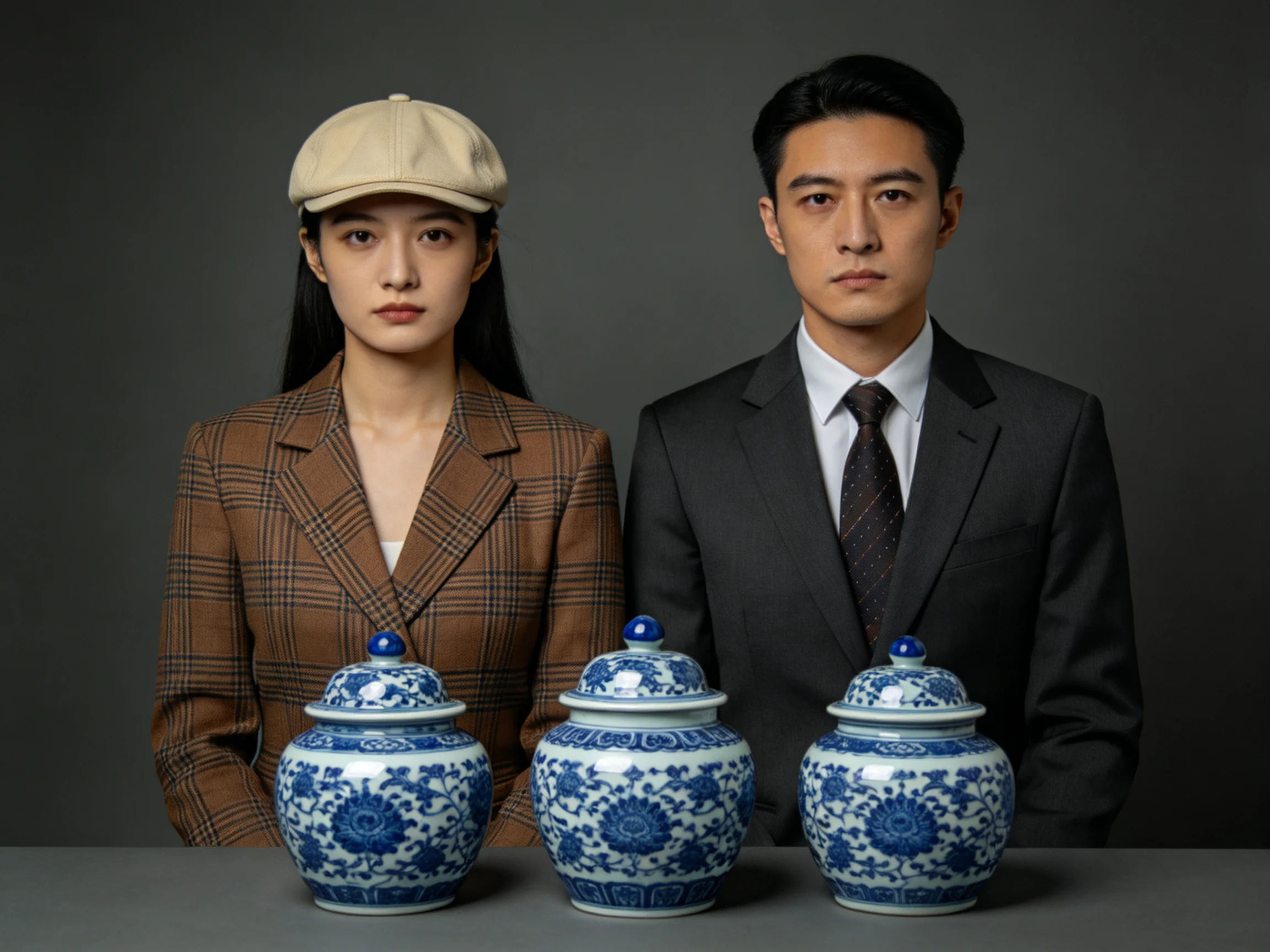 Two people in formal suits beside three blue-and-white lidded jars