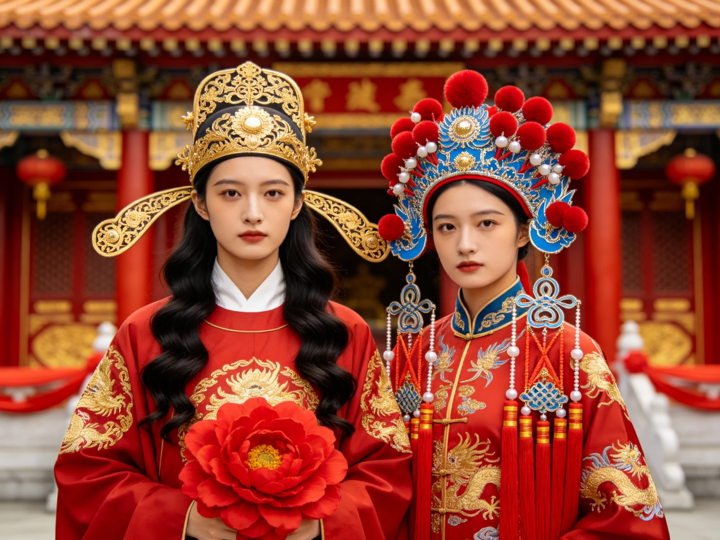 Two people in ornate traditional Chinese wedding costumes near an ancient temple