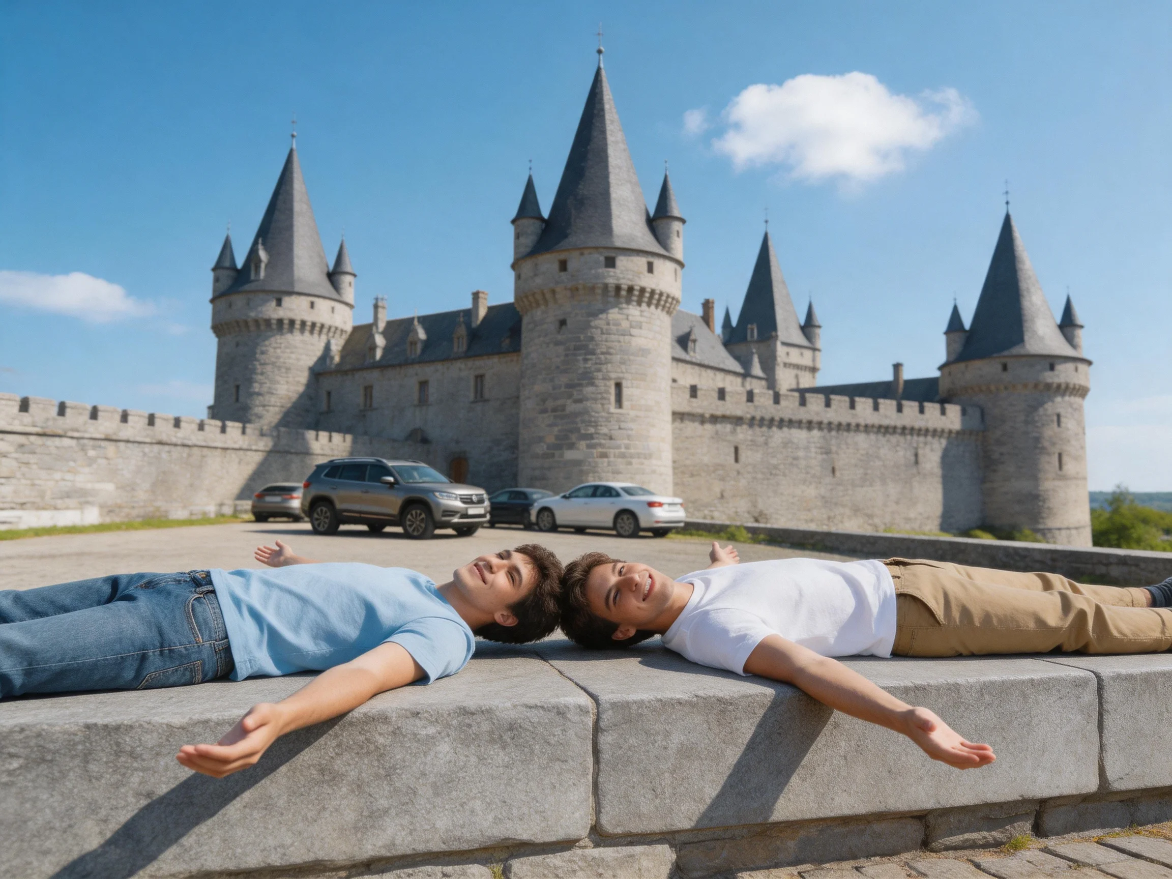 Two people relax near a historic stone castle with conical towers