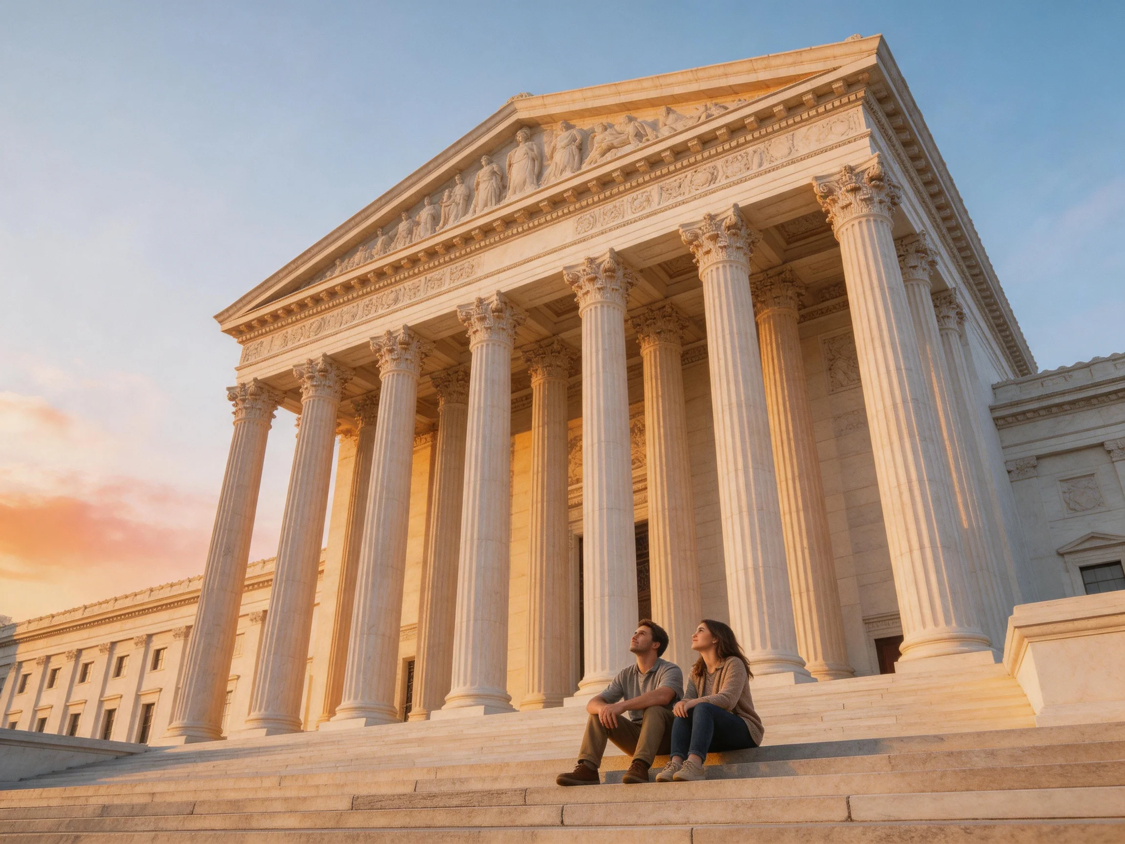 Two people sit on stone steps outside a grand neoclassical courthouse at sunset