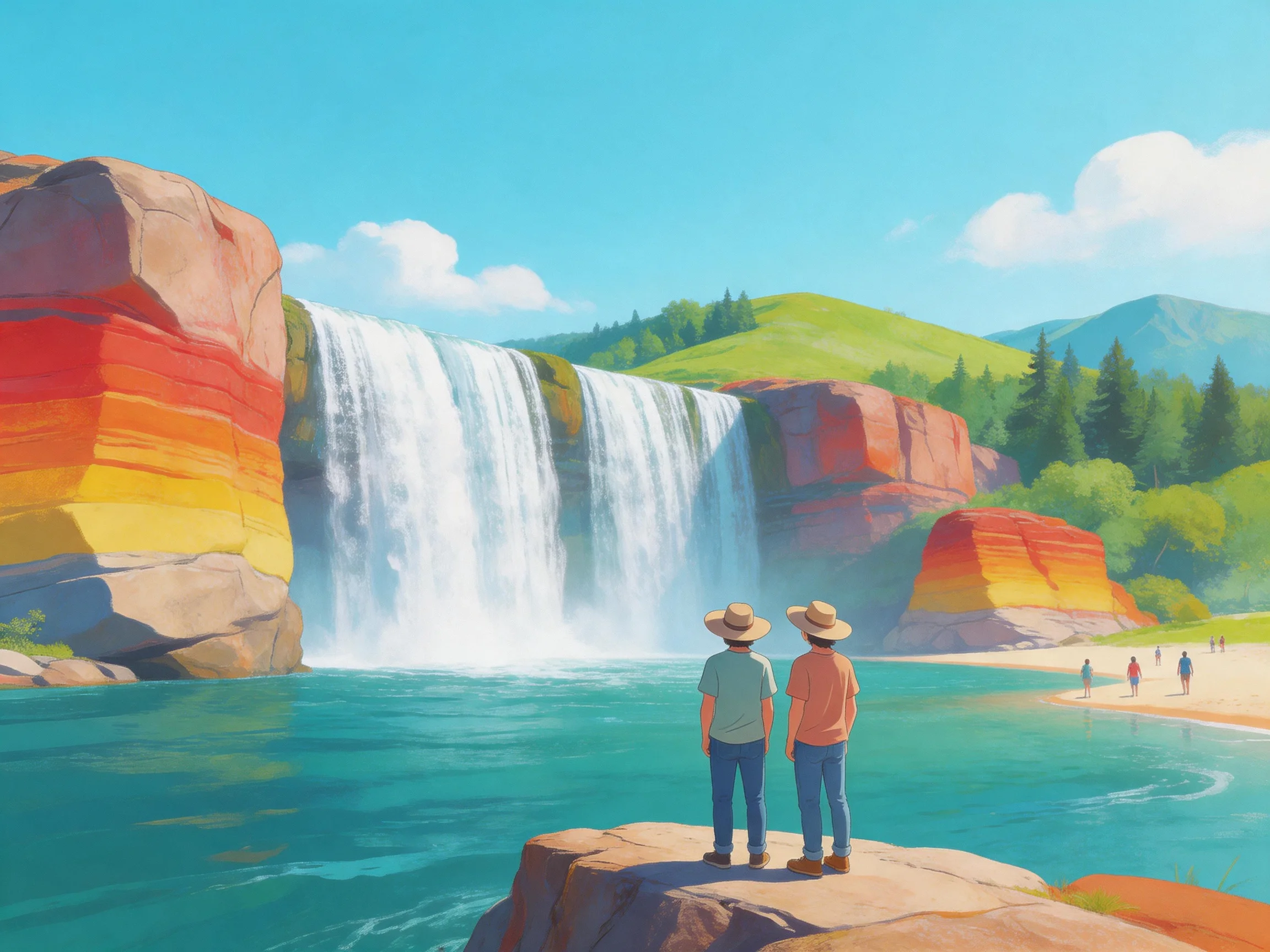 Two people view a multicolored waterfall beside a turquoise lake