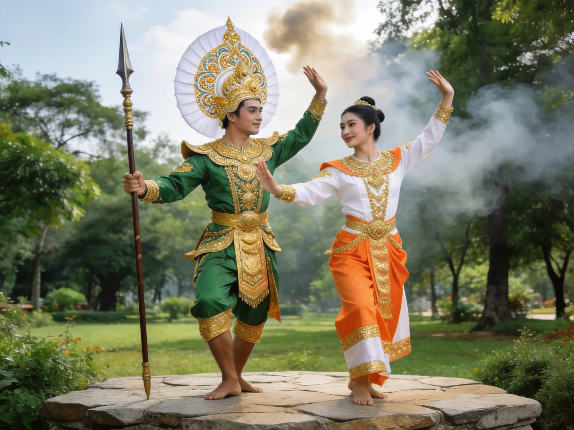 Two performers in ornate traditional costumes dancing in a lush park