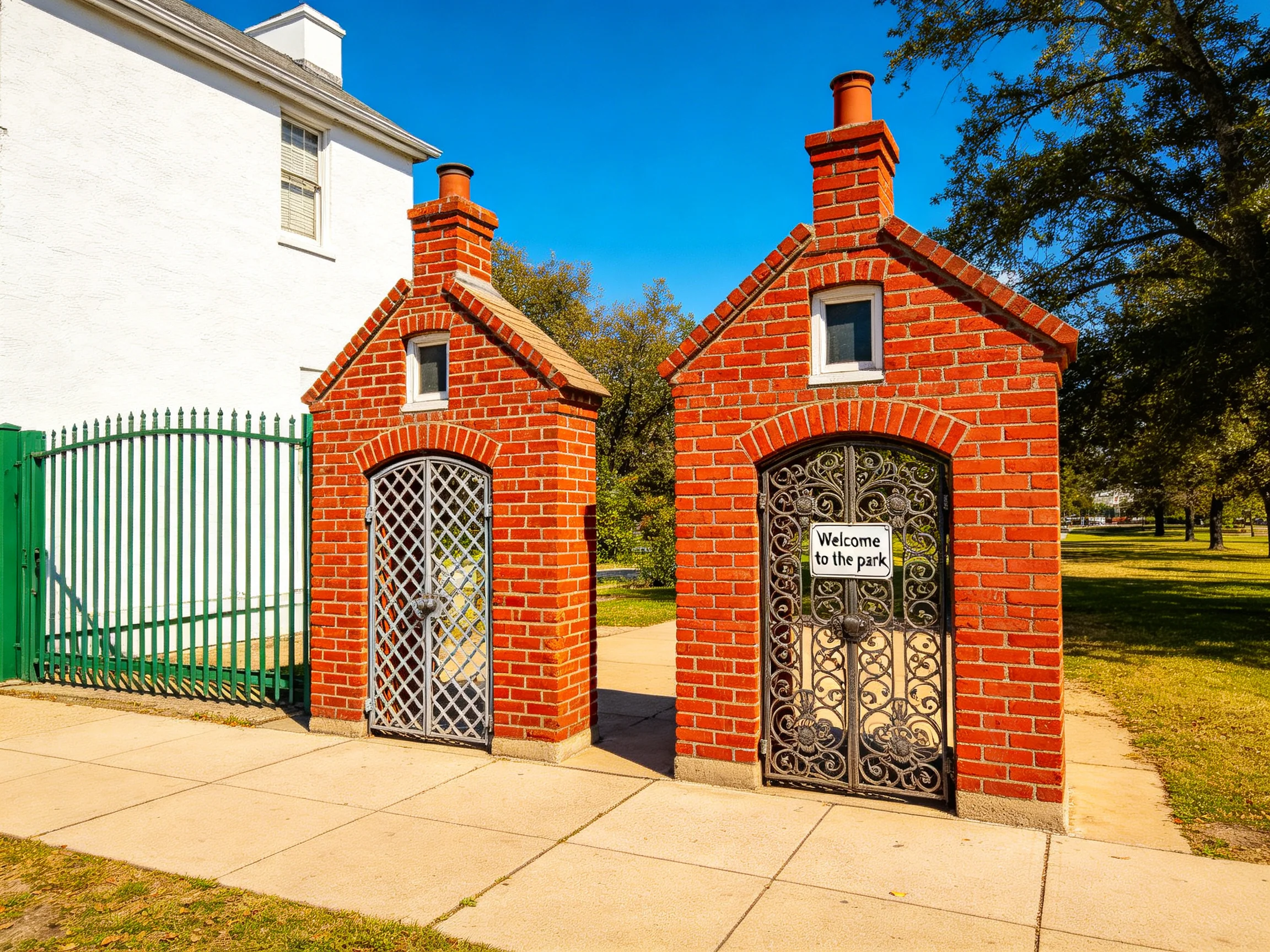 Two red-brick gatehouses beside a white building near green fence