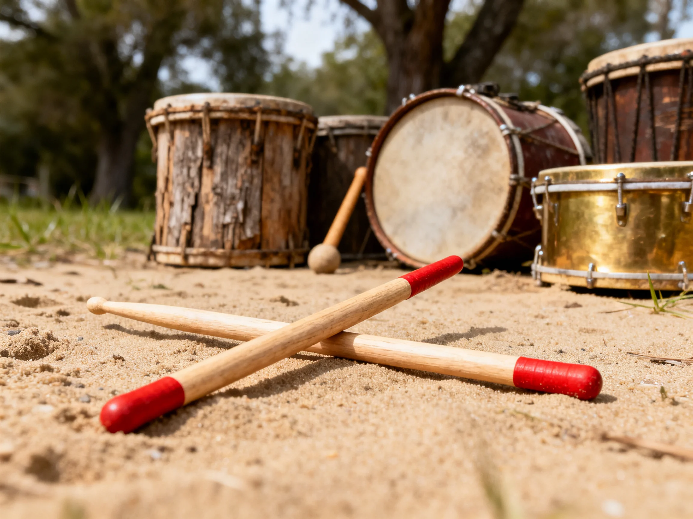Two red-tipped drumsticks near assorted drums on sandy ground