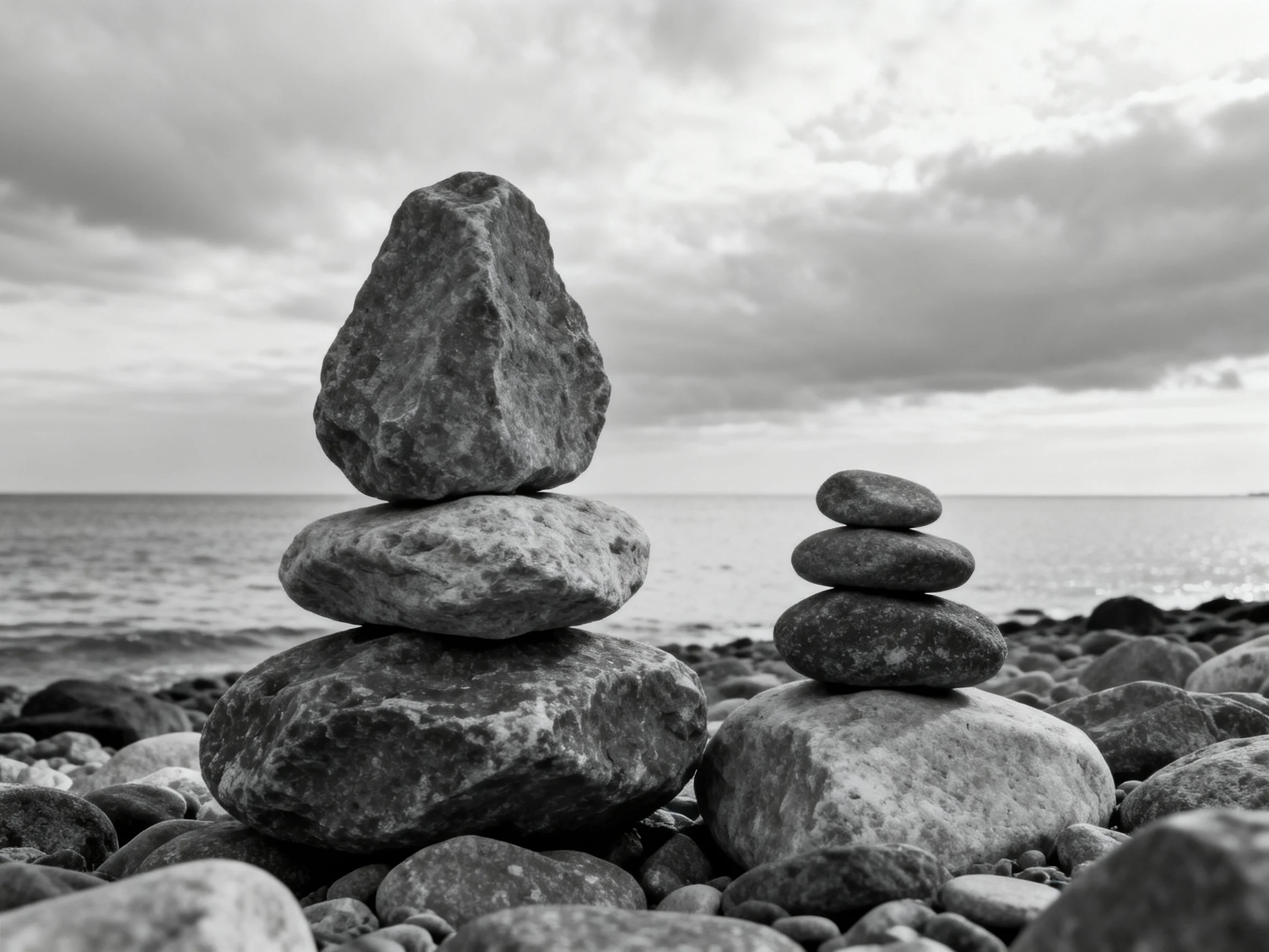 Two rock stacks balanced on a pebbly beach by calm ocean waters