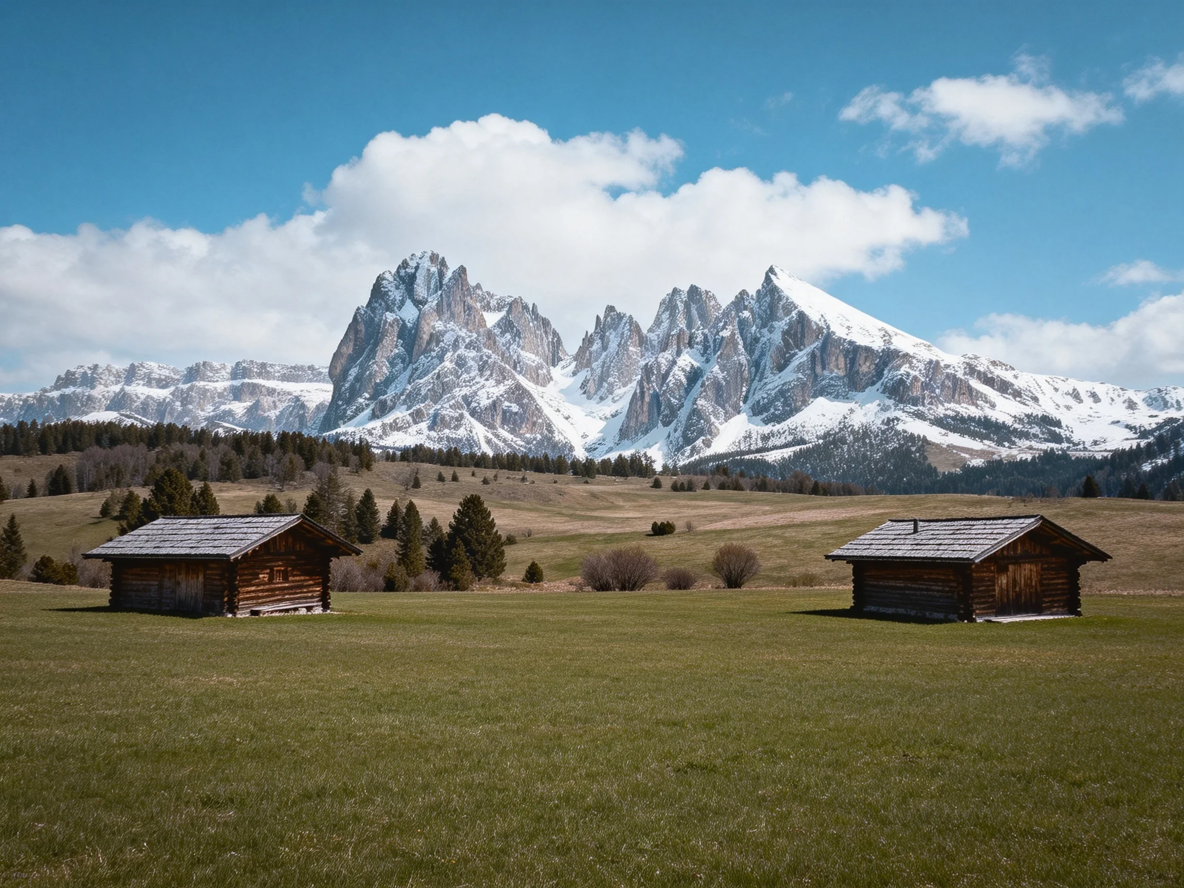 Two rustic cabins near snow-dusted mountain peaks under bright blue sky