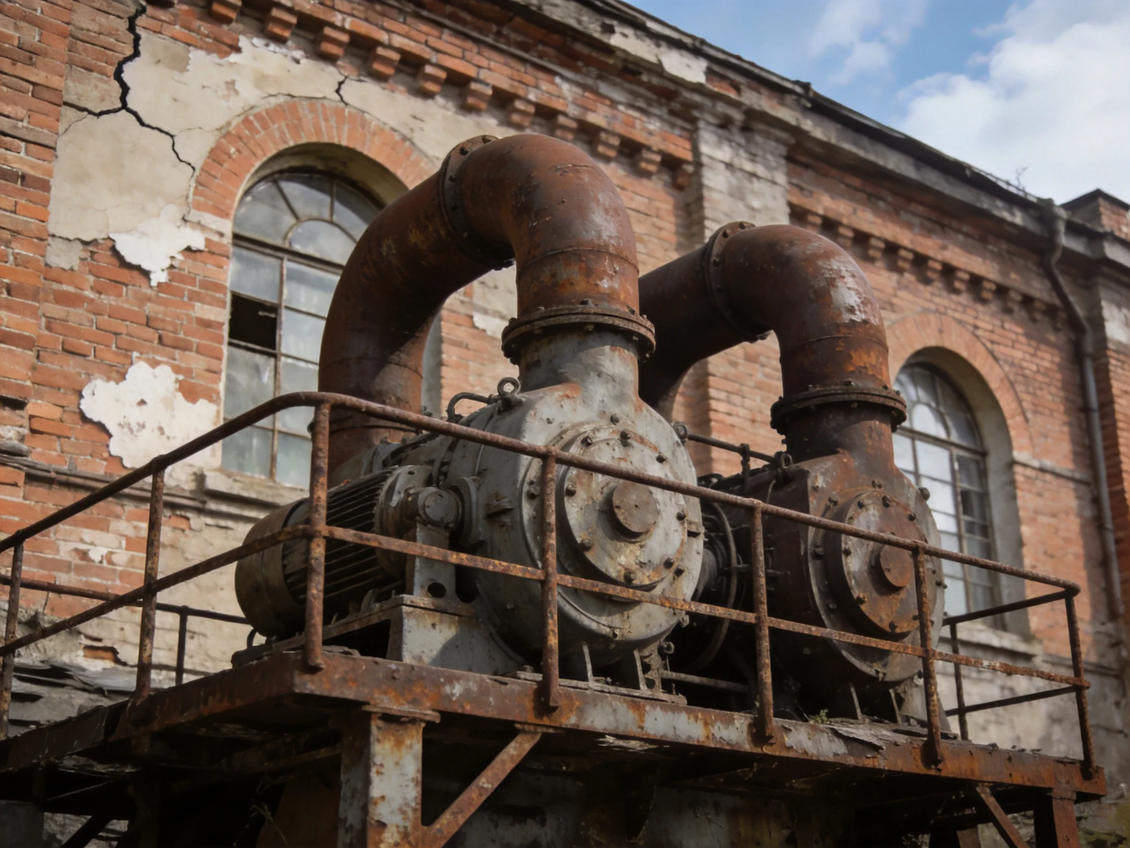 Two rusty industrial pumps on an aged metal platform near cracked brick walls