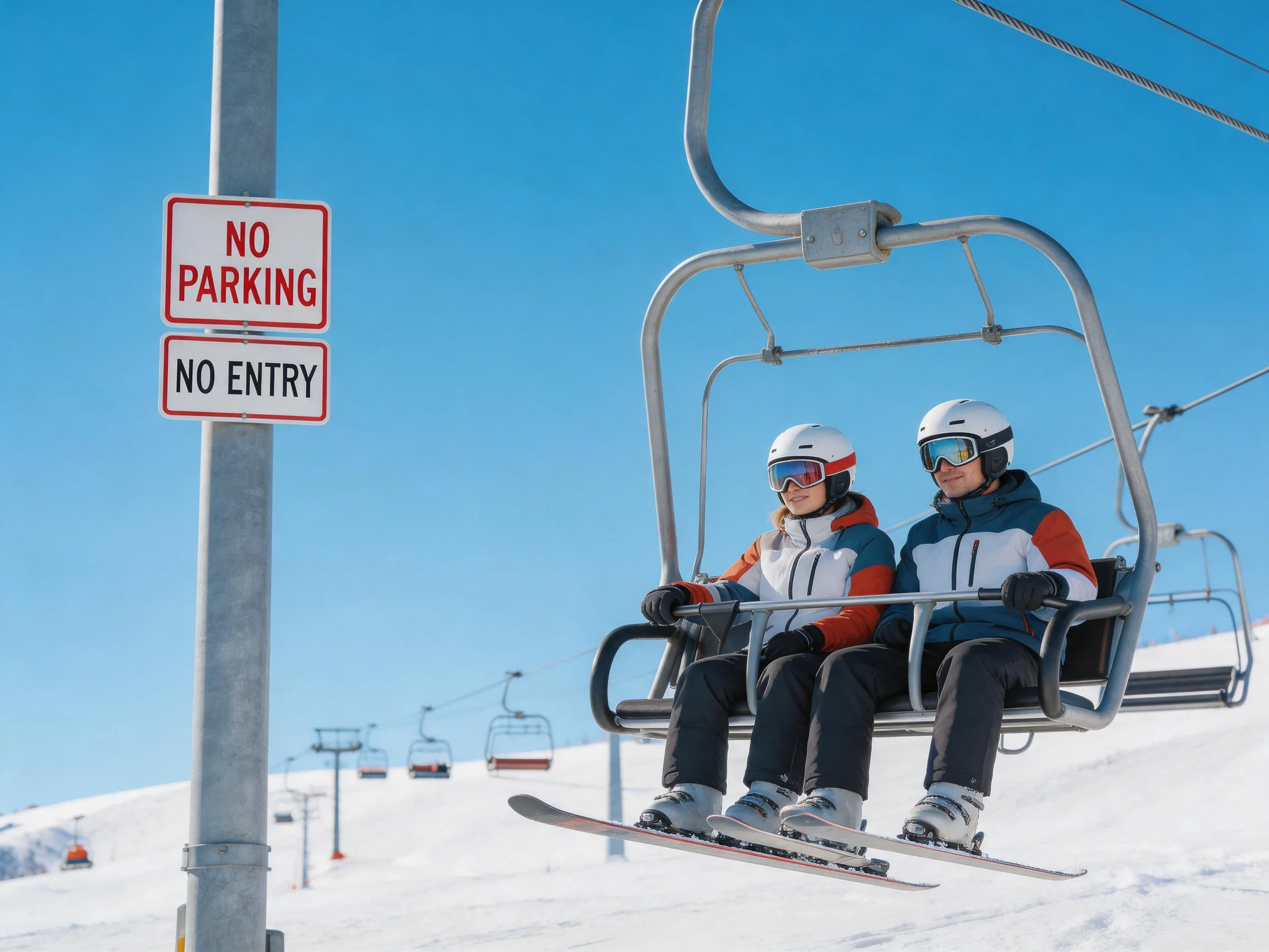 Two skiers in winter gear ride a chairlift over snowy slopes under clear blue skies