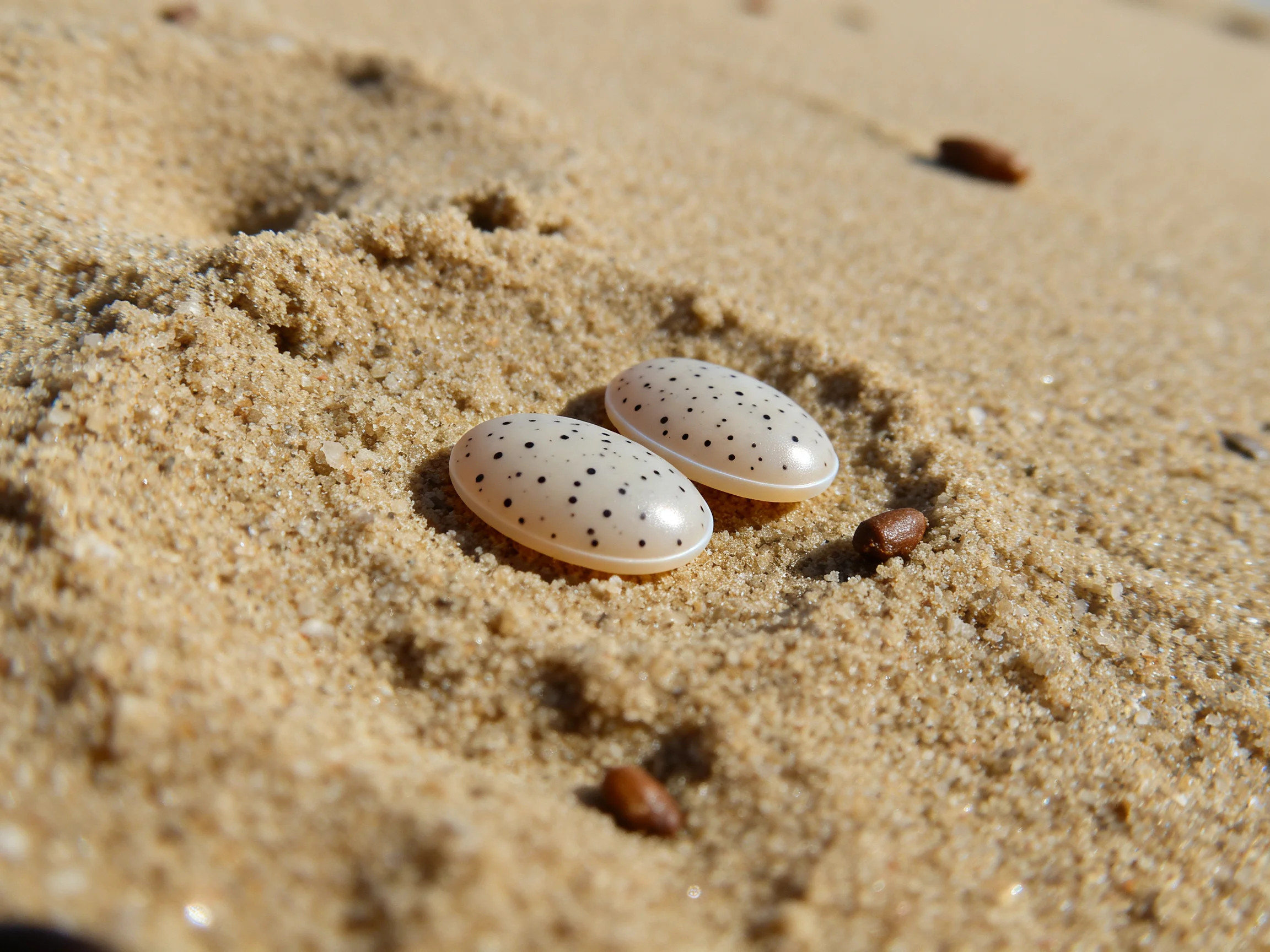 Two spotted oval objects rest on sandy ground
