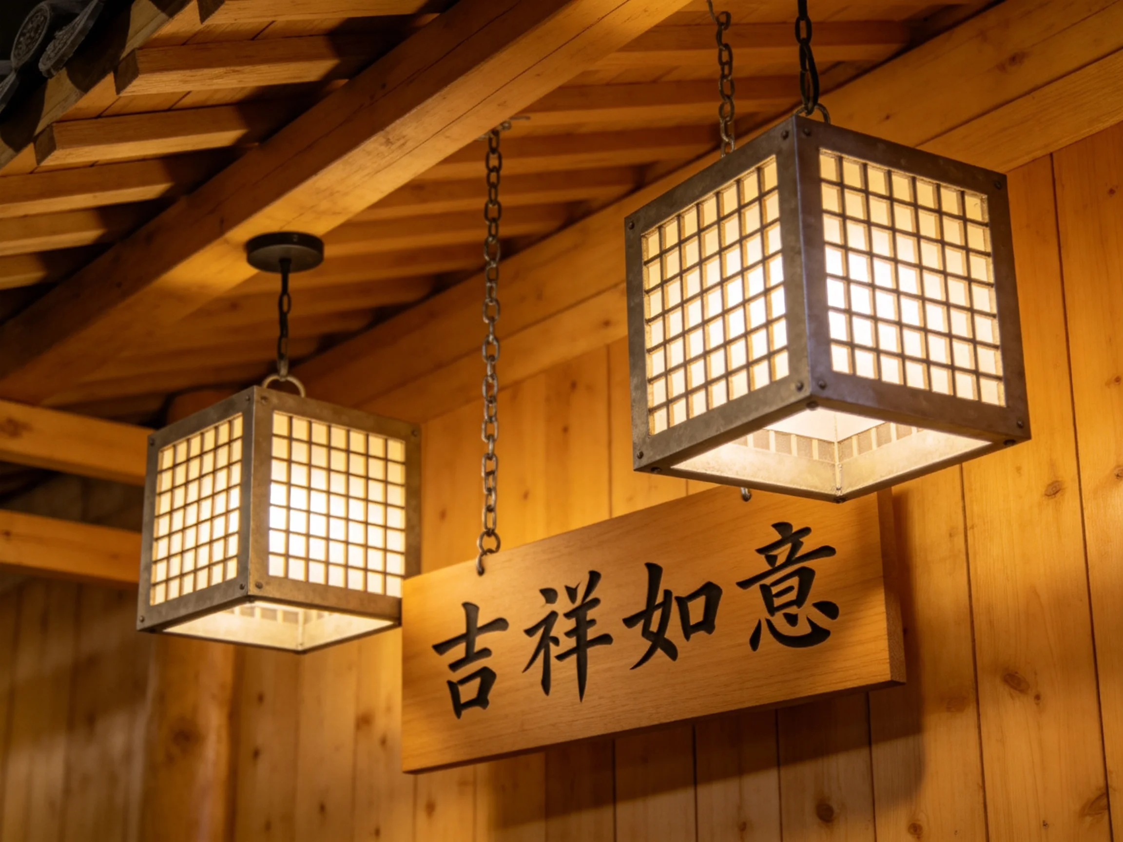 Two square lanterns hang from chains beside a wooden sign with Chinese characters