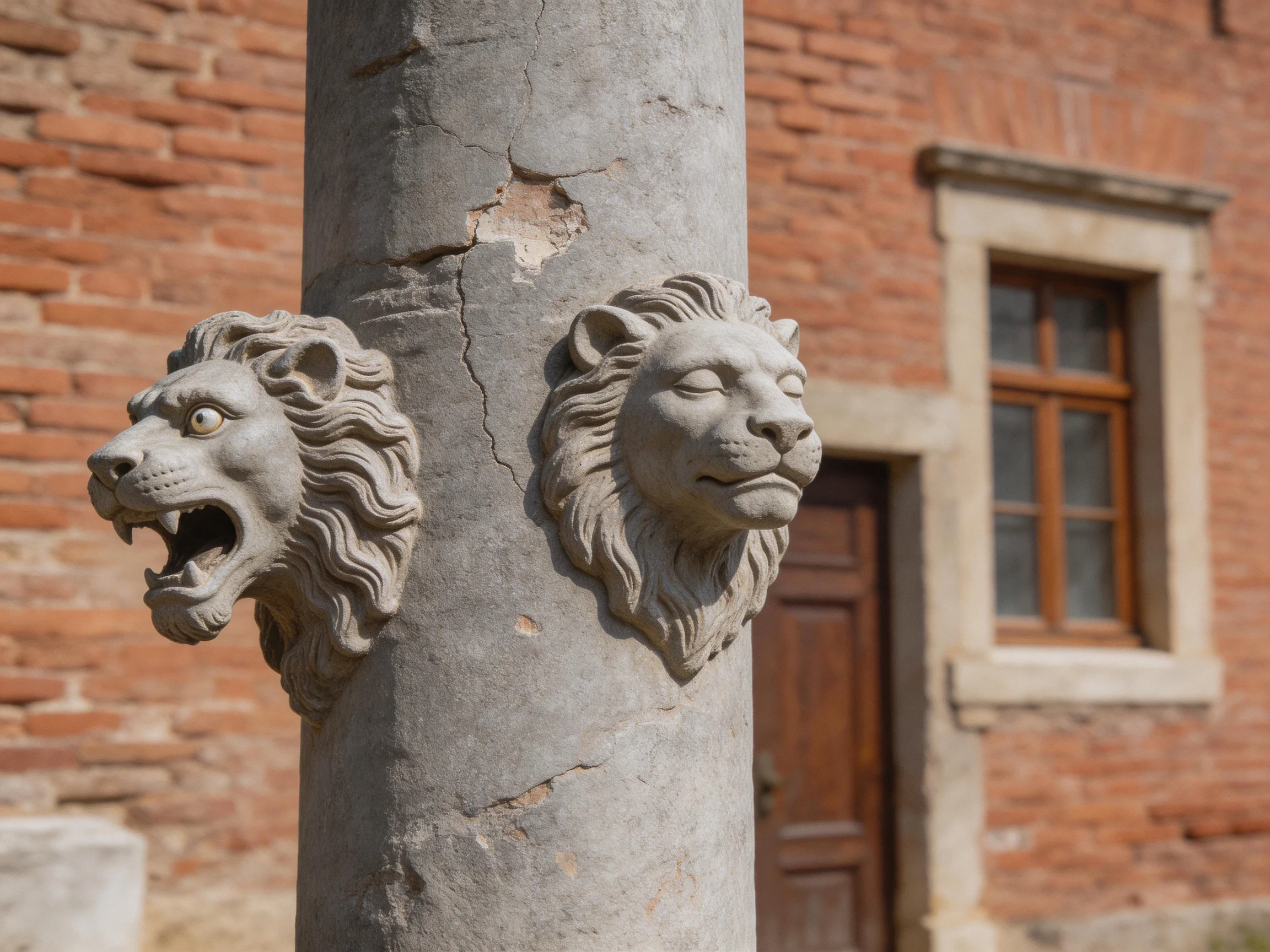 Two stone lion heads adorn an aged gray column near a red-brick building
