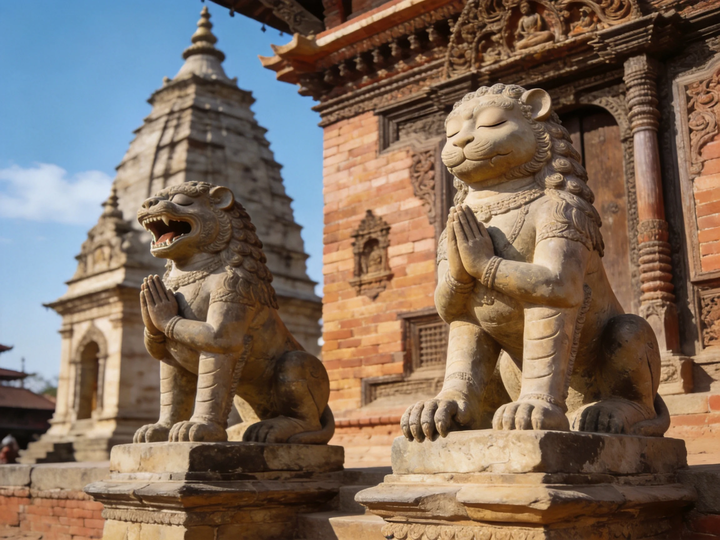 Two stone lion statues guard a historic brick temple with ornate carvings