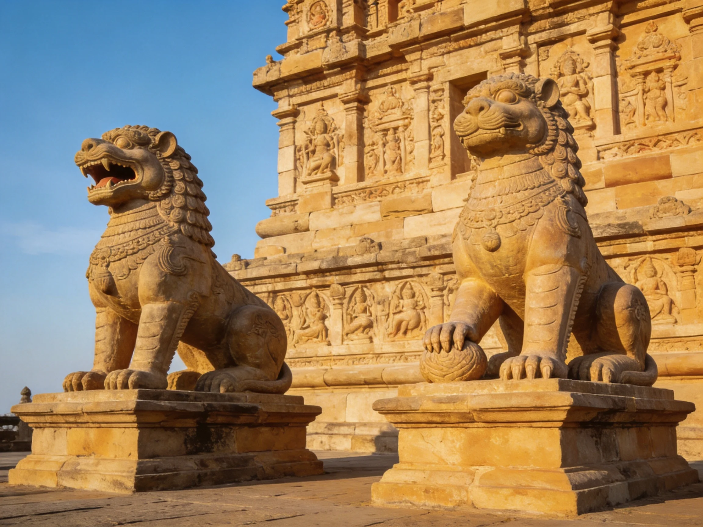 Two stone lion statues guard a historic carved temple