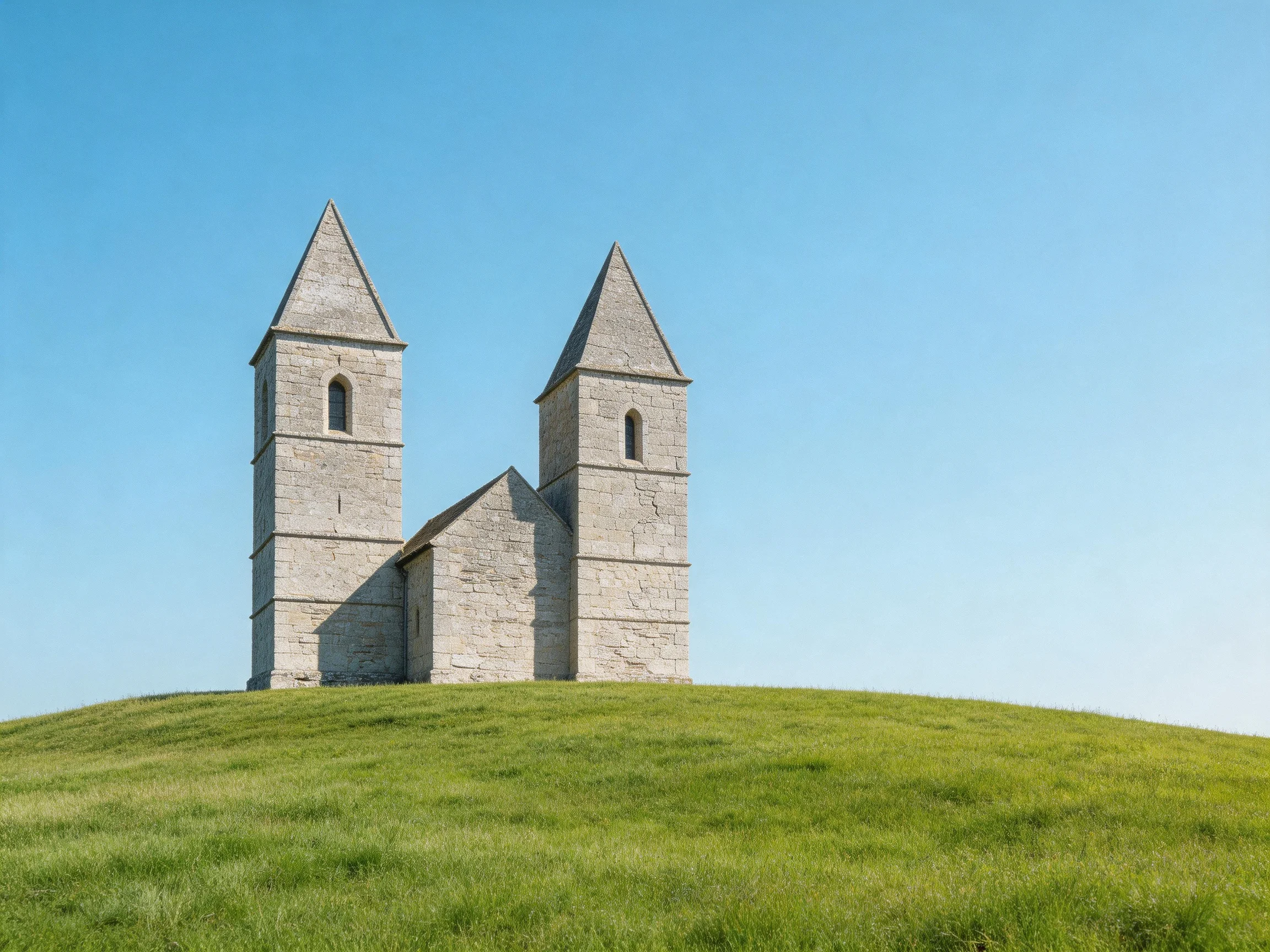 Two stone towers stand on a grassy hill beneath a clear blue sky
