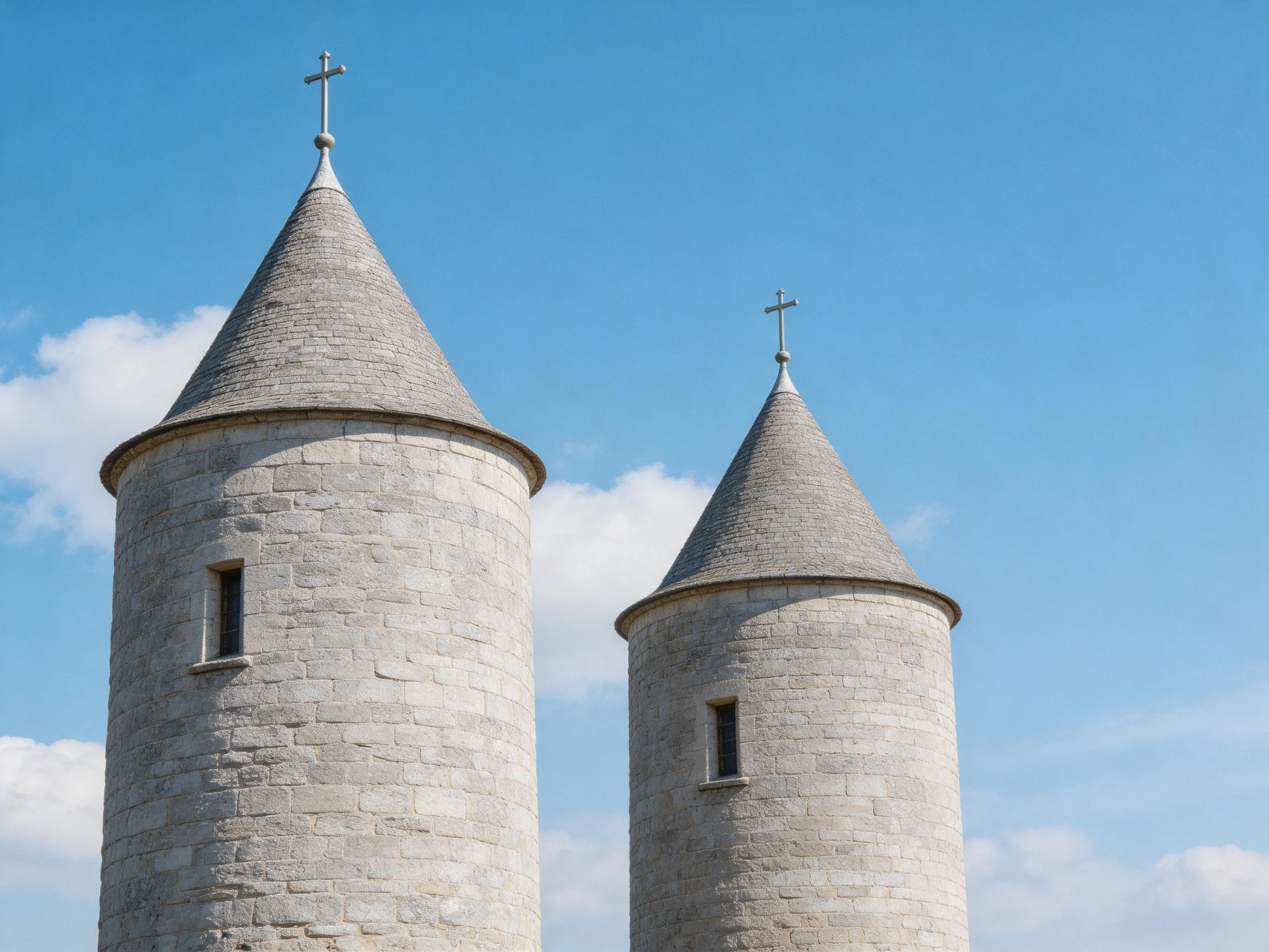 Two stone towers with conical roofs andcrosses under bright blue sky