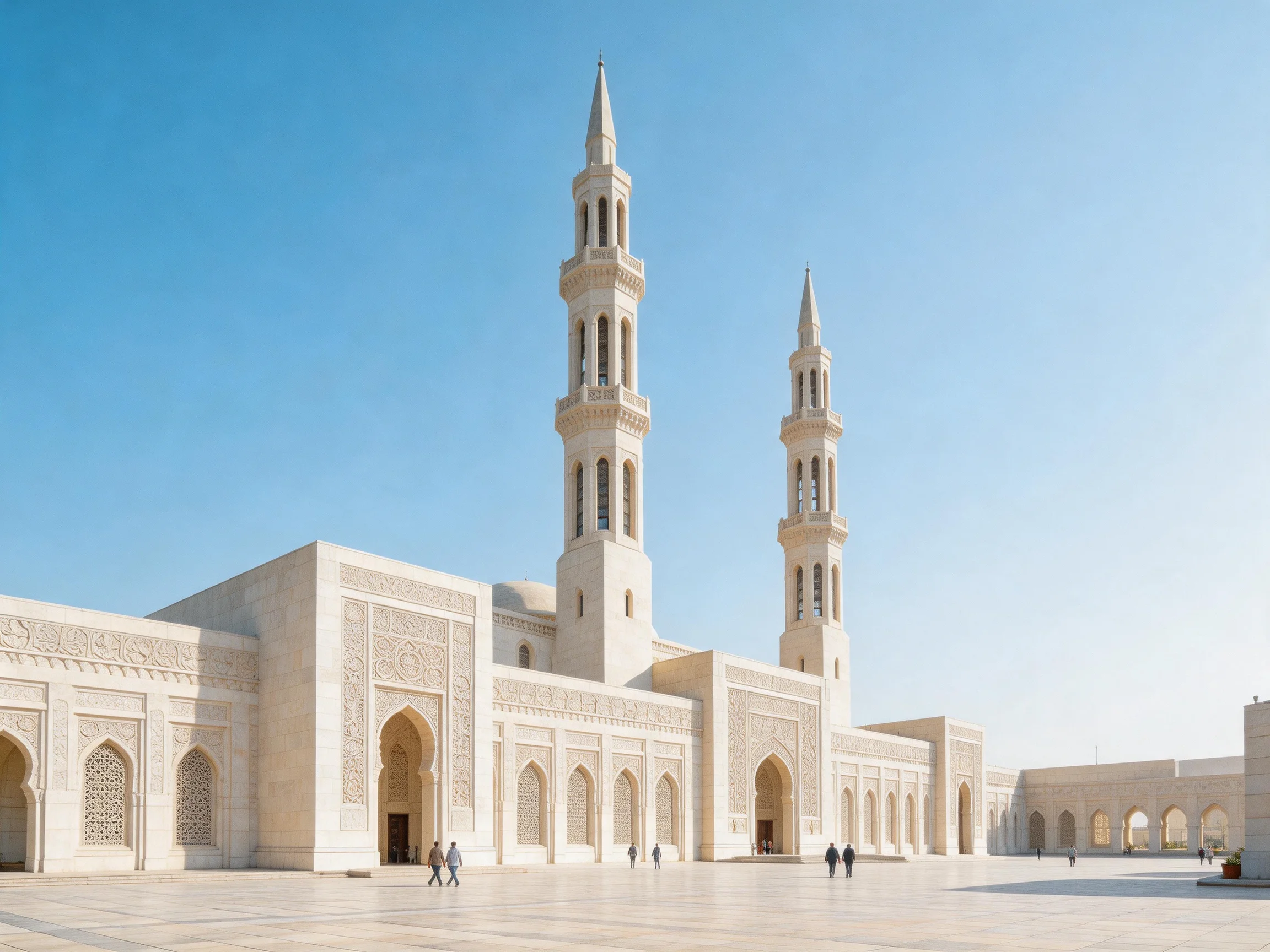 Two tall minarets atop a grand beige mosque with ornate detailing