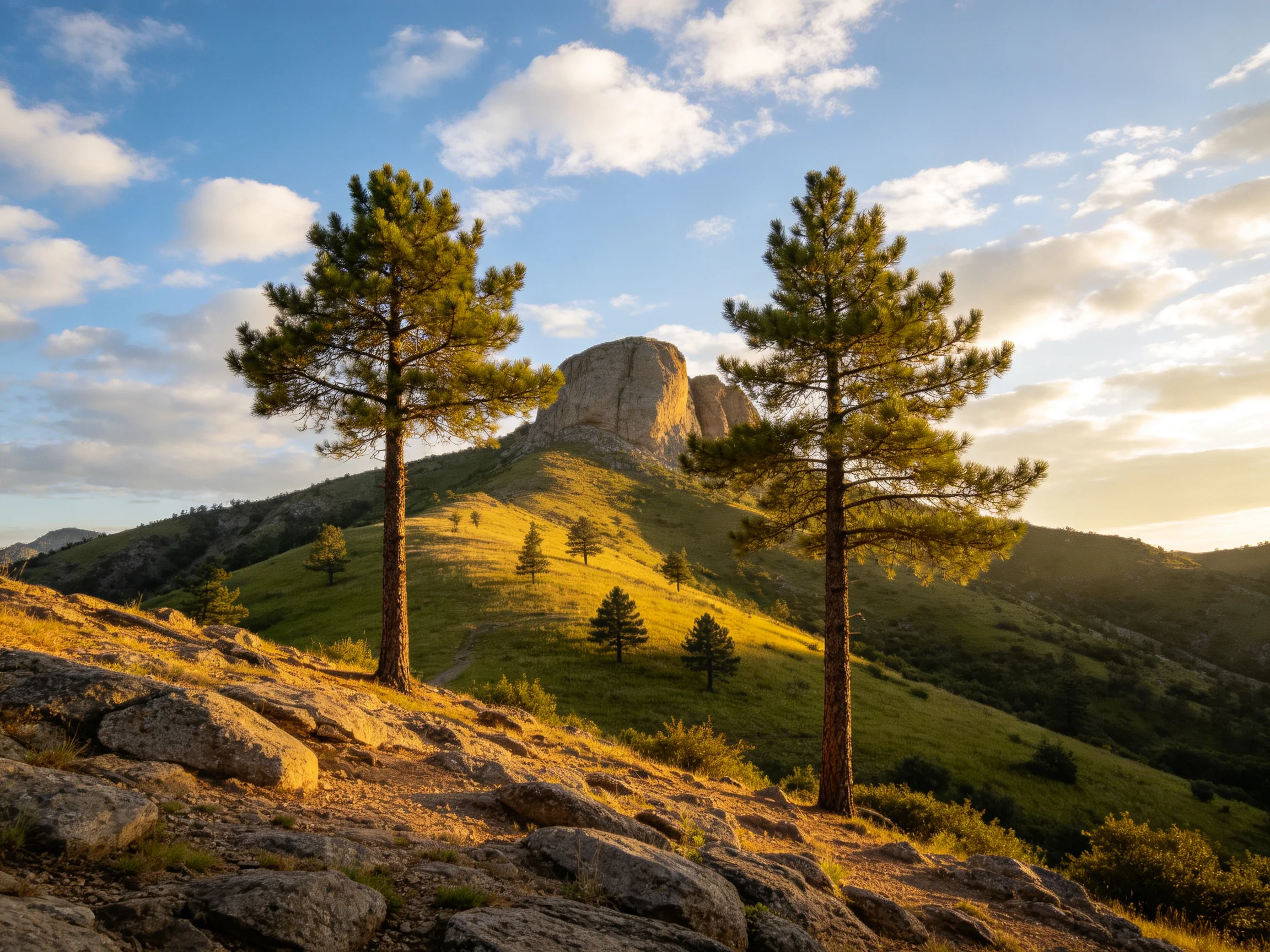 Two tall pine trees near a rocky hillside under golden sunlight