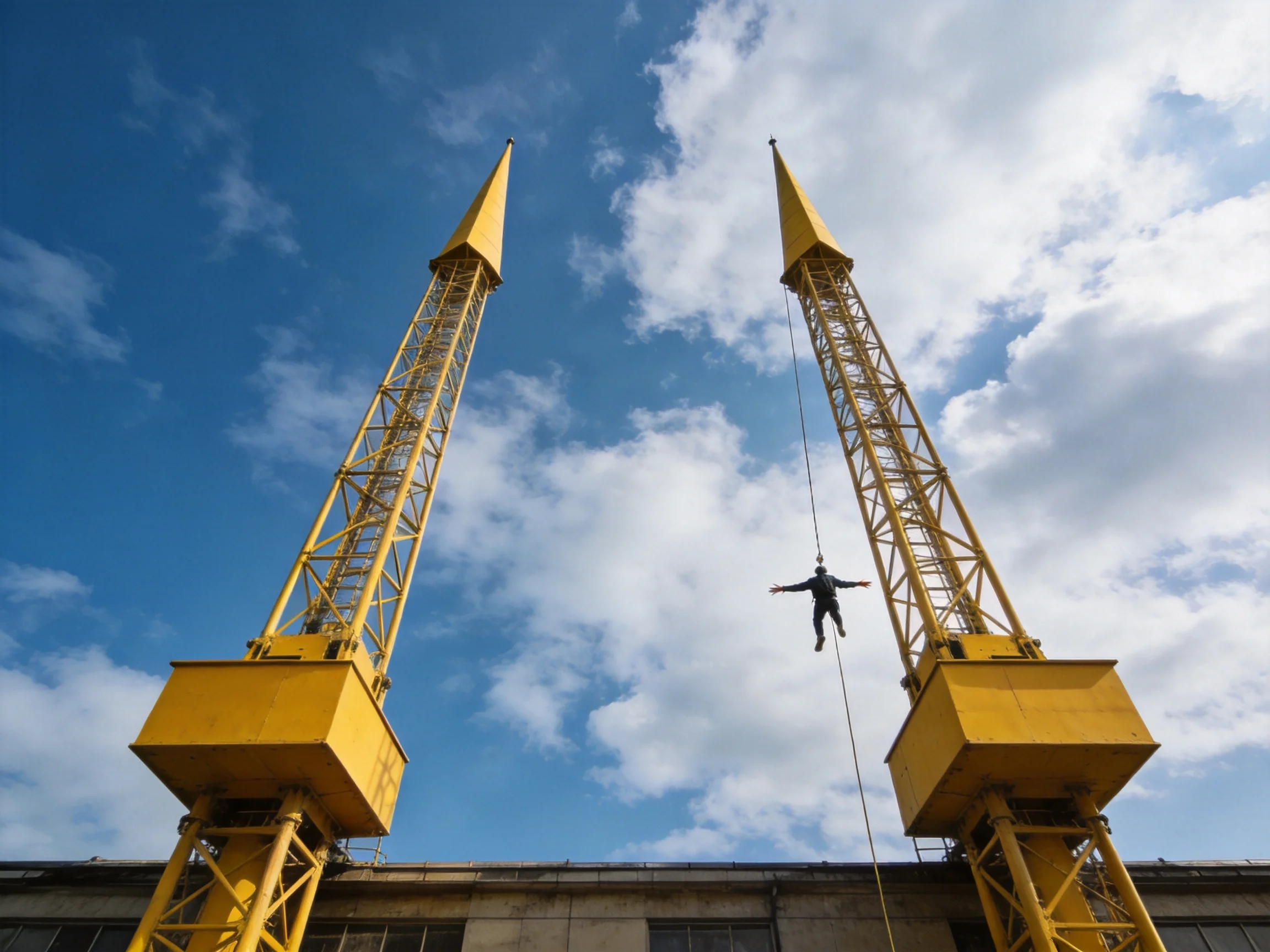 Two tall yellow cranes frame a bungee jumper