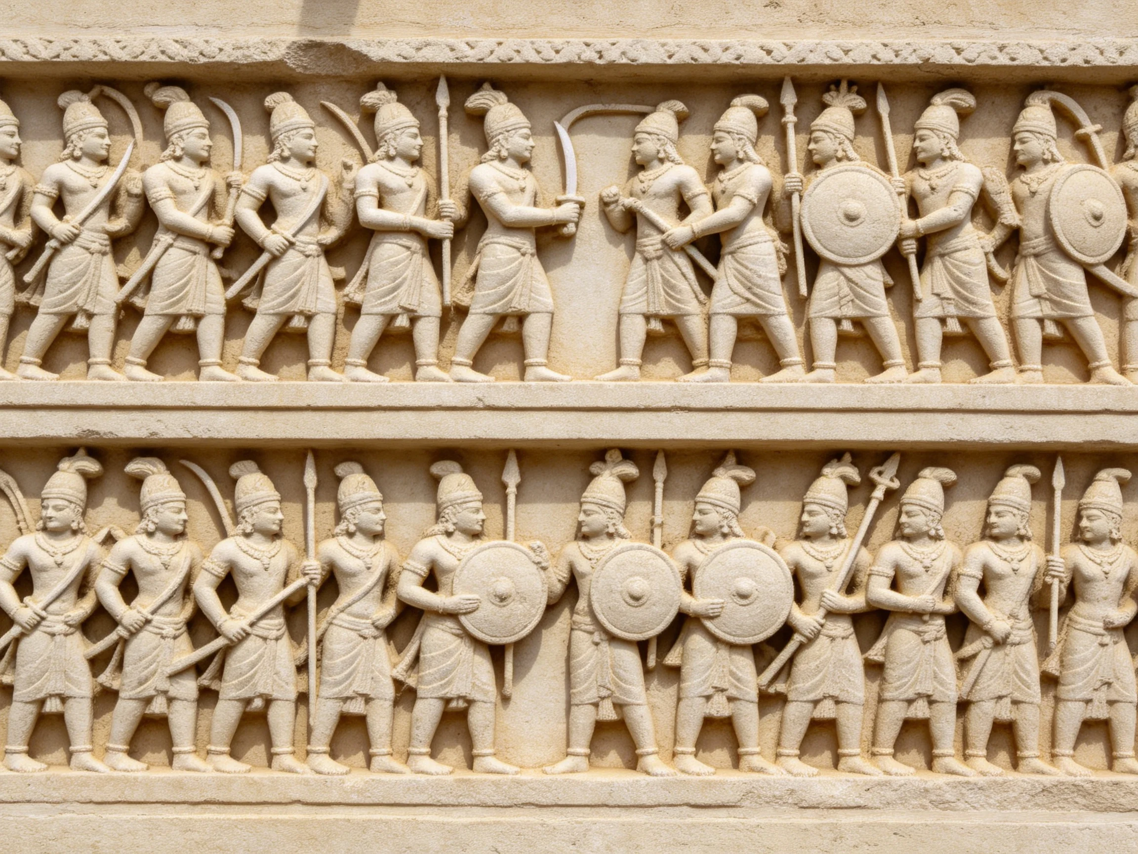 Two-tiered stone carving of warrior statues with spears and shields
