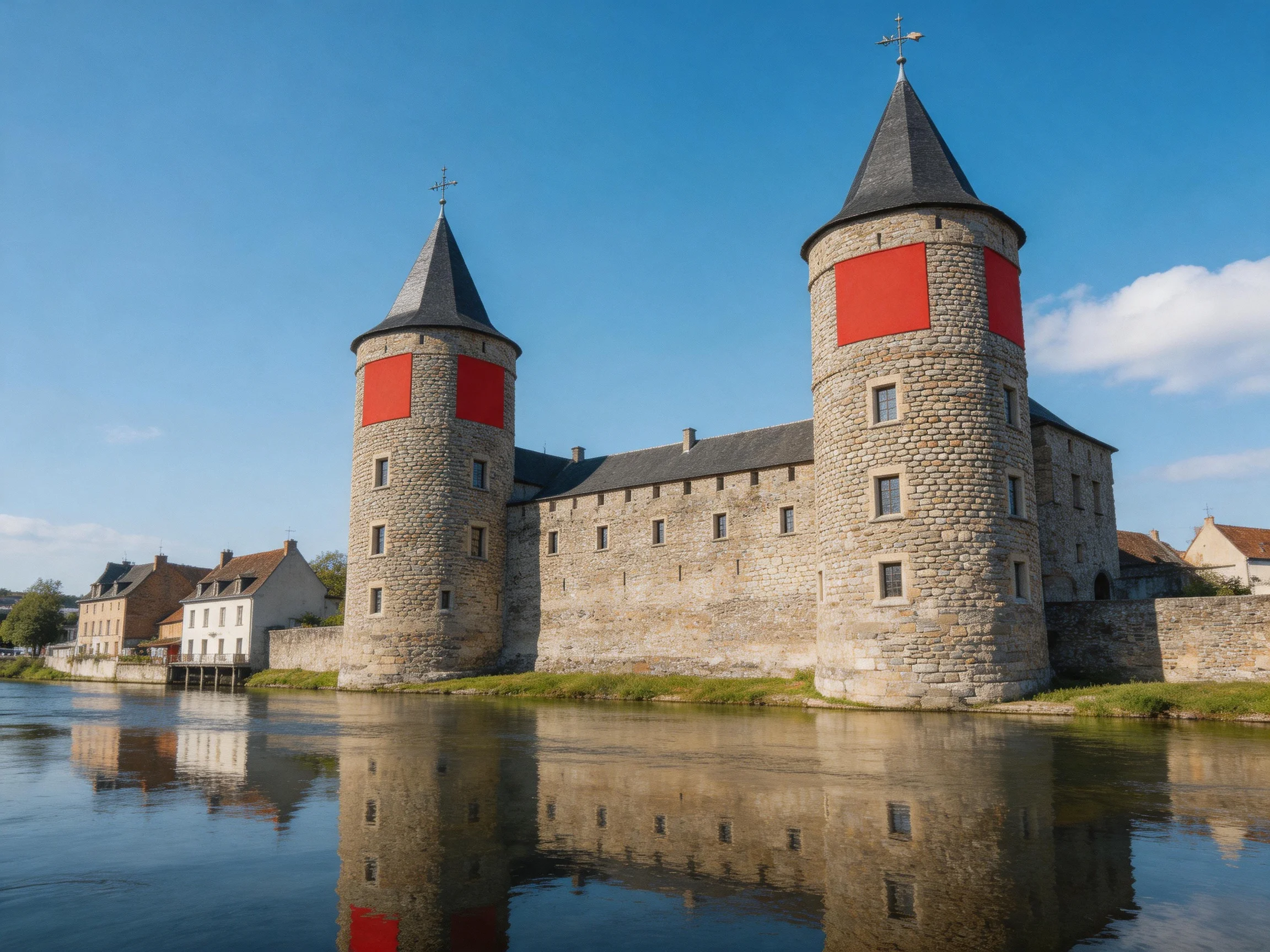 Two-towered stone castle with red accents beside calm water