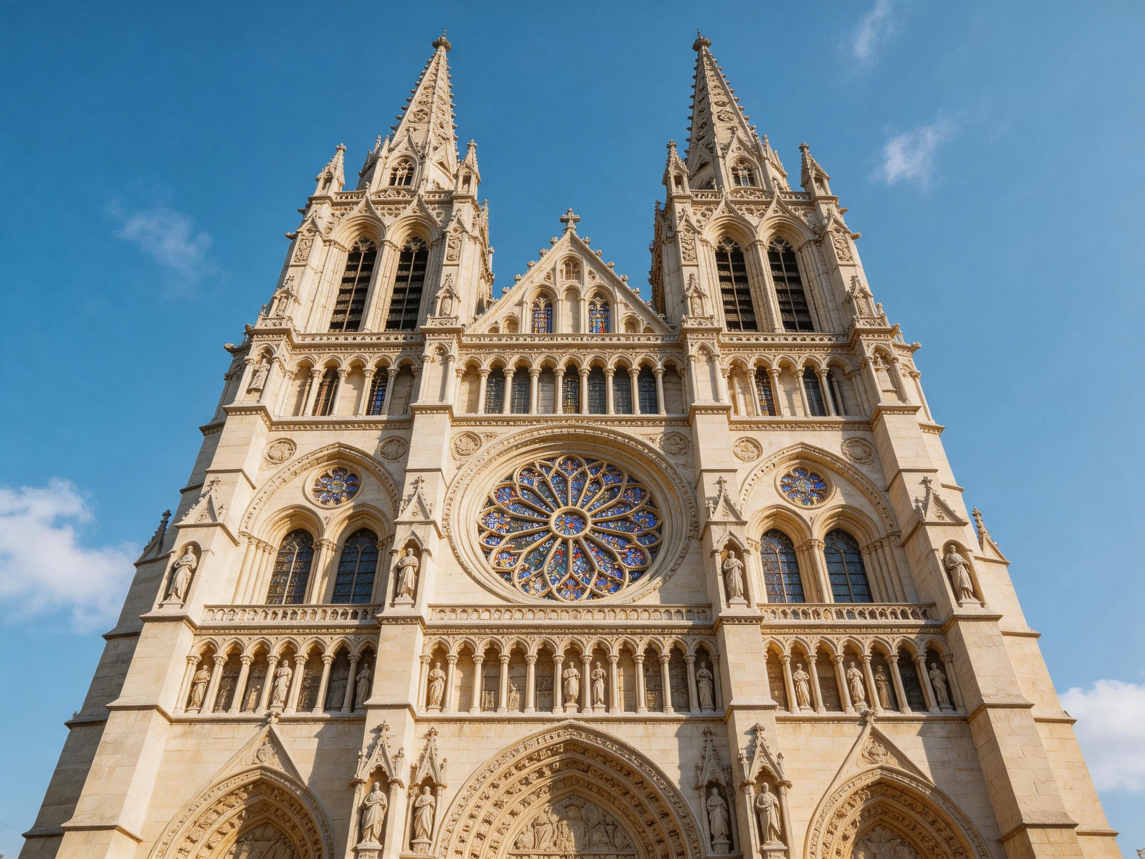 Two towering Gothic spires atop an ornate stone cathedral against bright blue sky