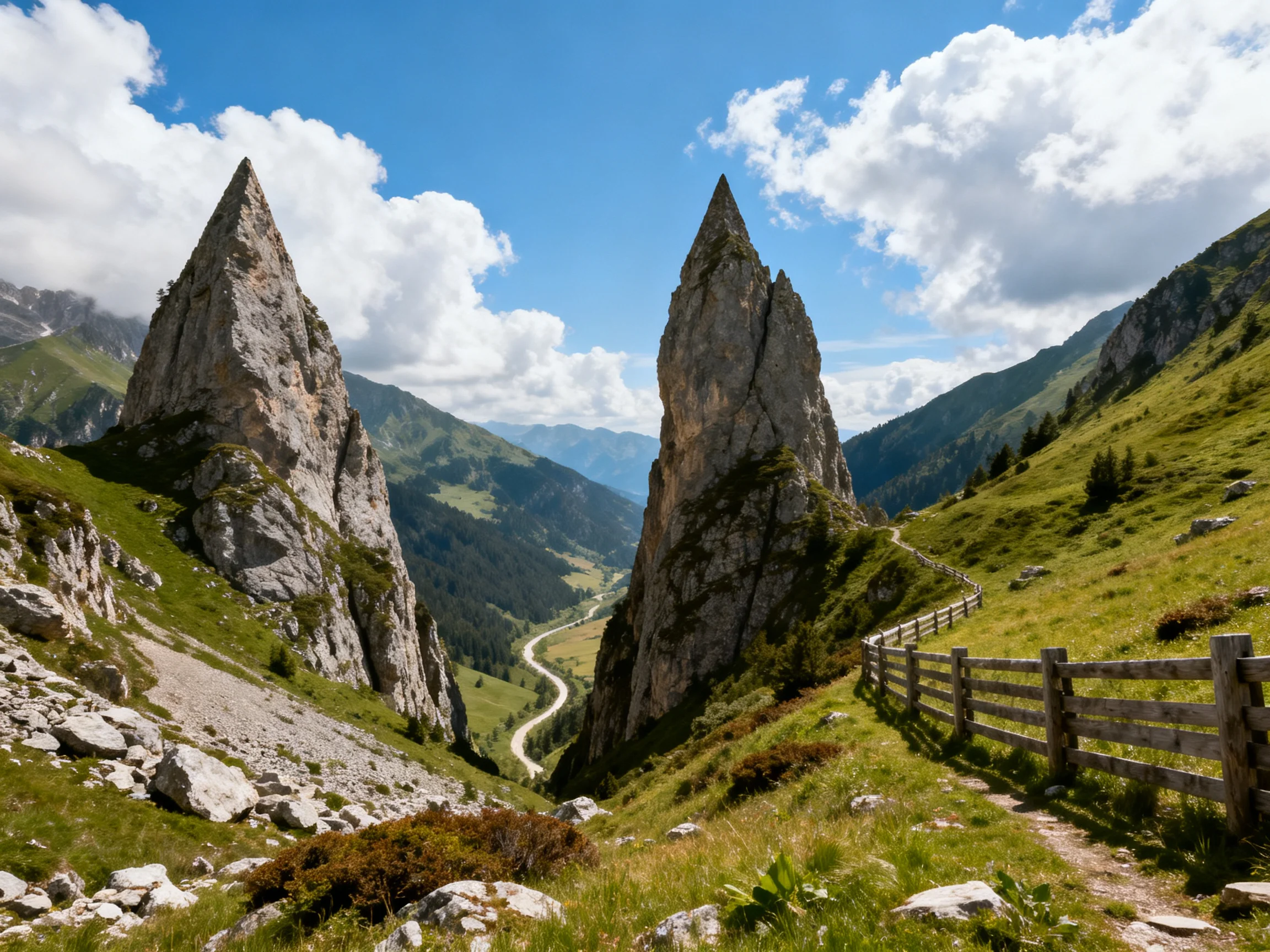 Two towering rock spires in lush green mountain valleys