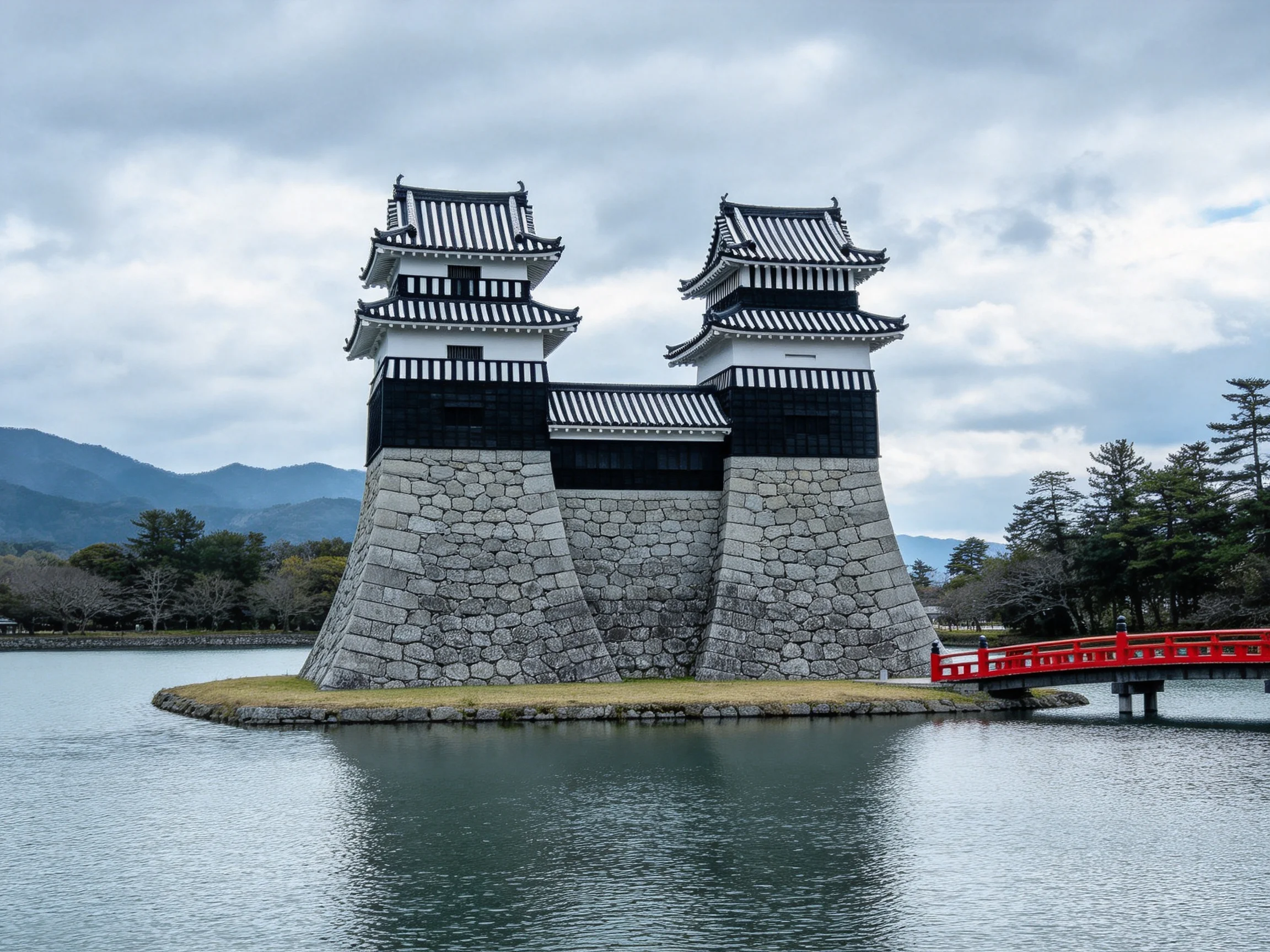 Two traditional Japanese castle towers with stone bases near ared bridge over calm water