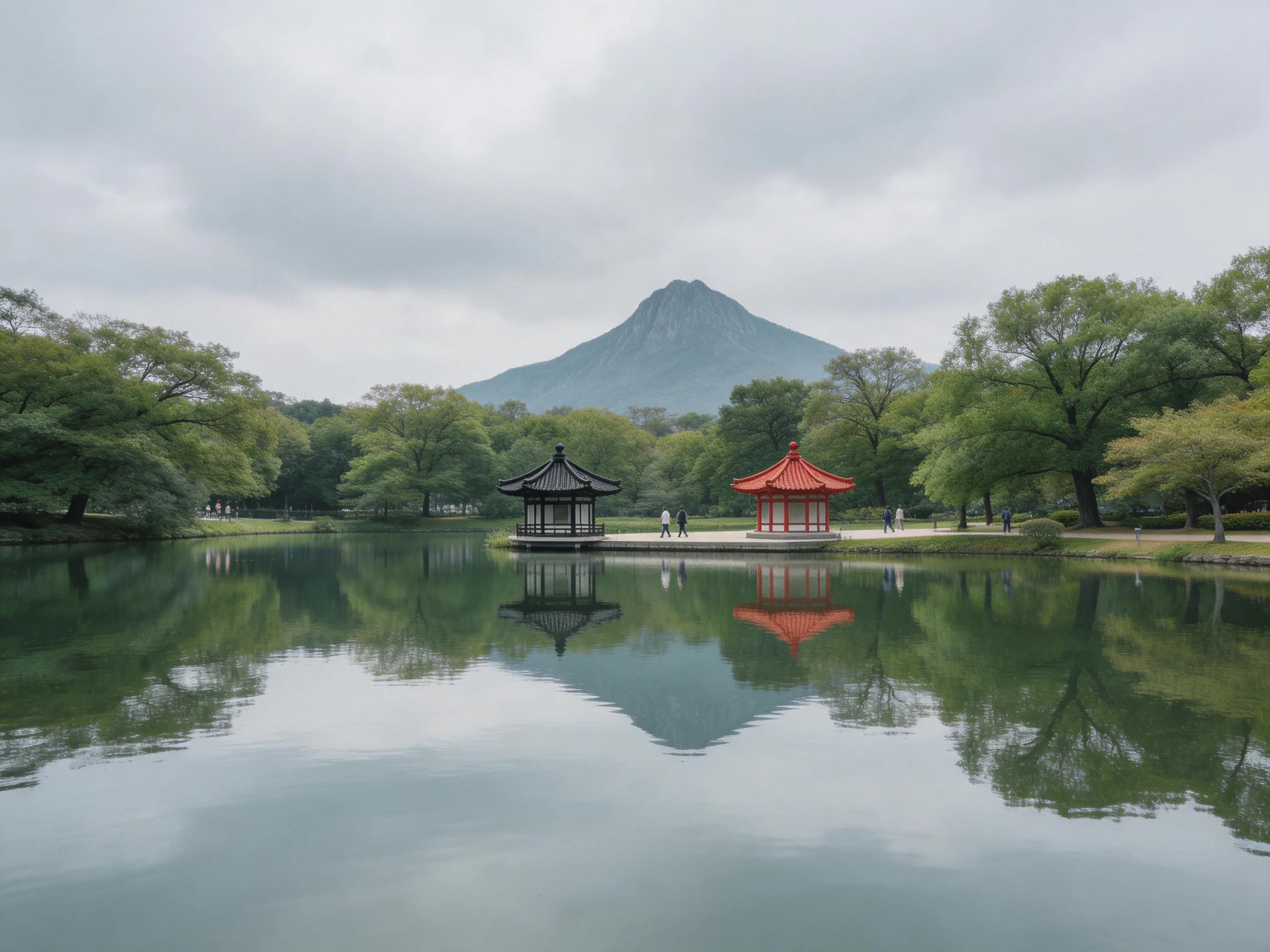 Two traditional pavilions reflect on calm water amid lush greenery and distant mountain