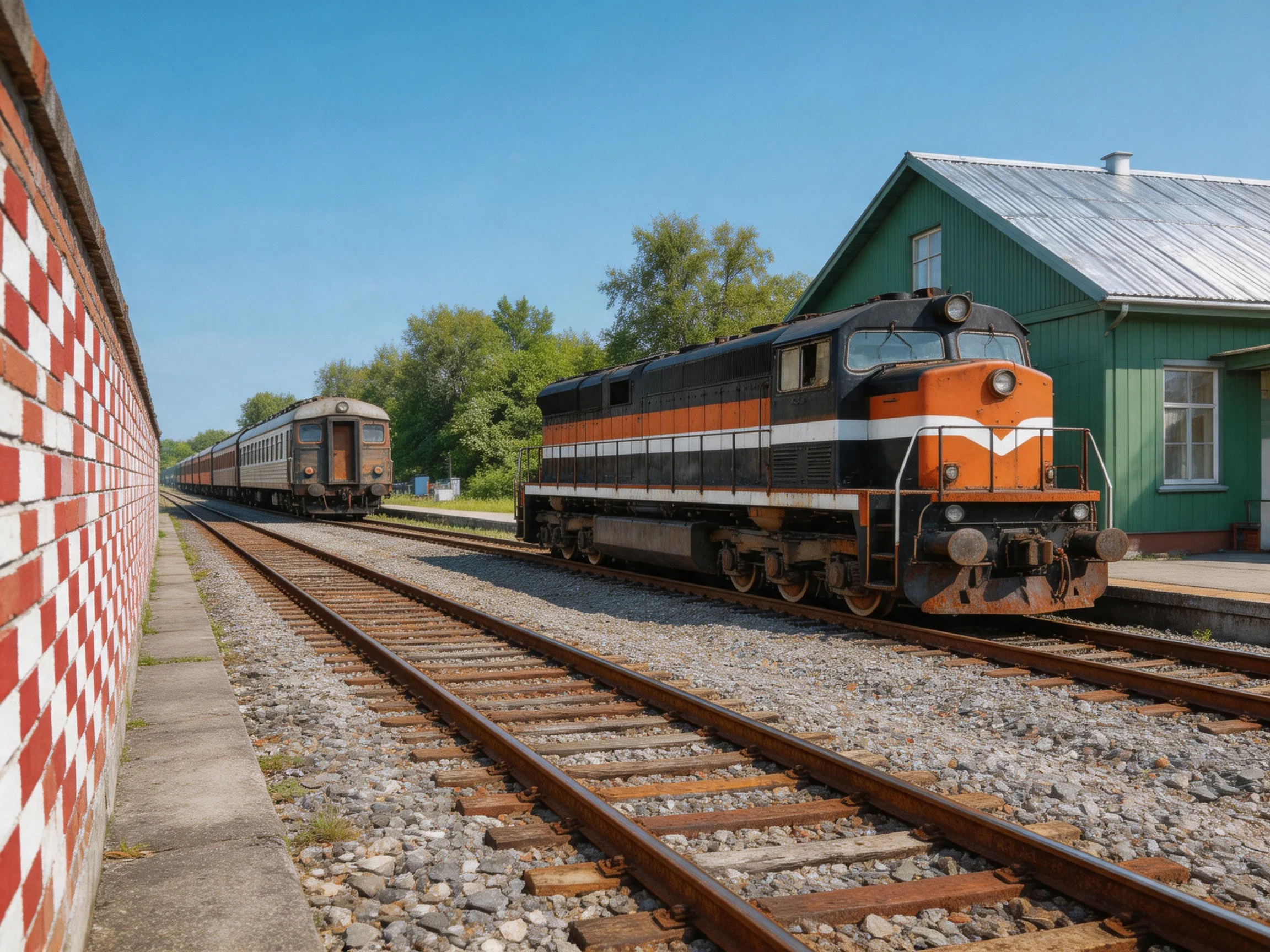 Two trains on parallel tracks near a green station house