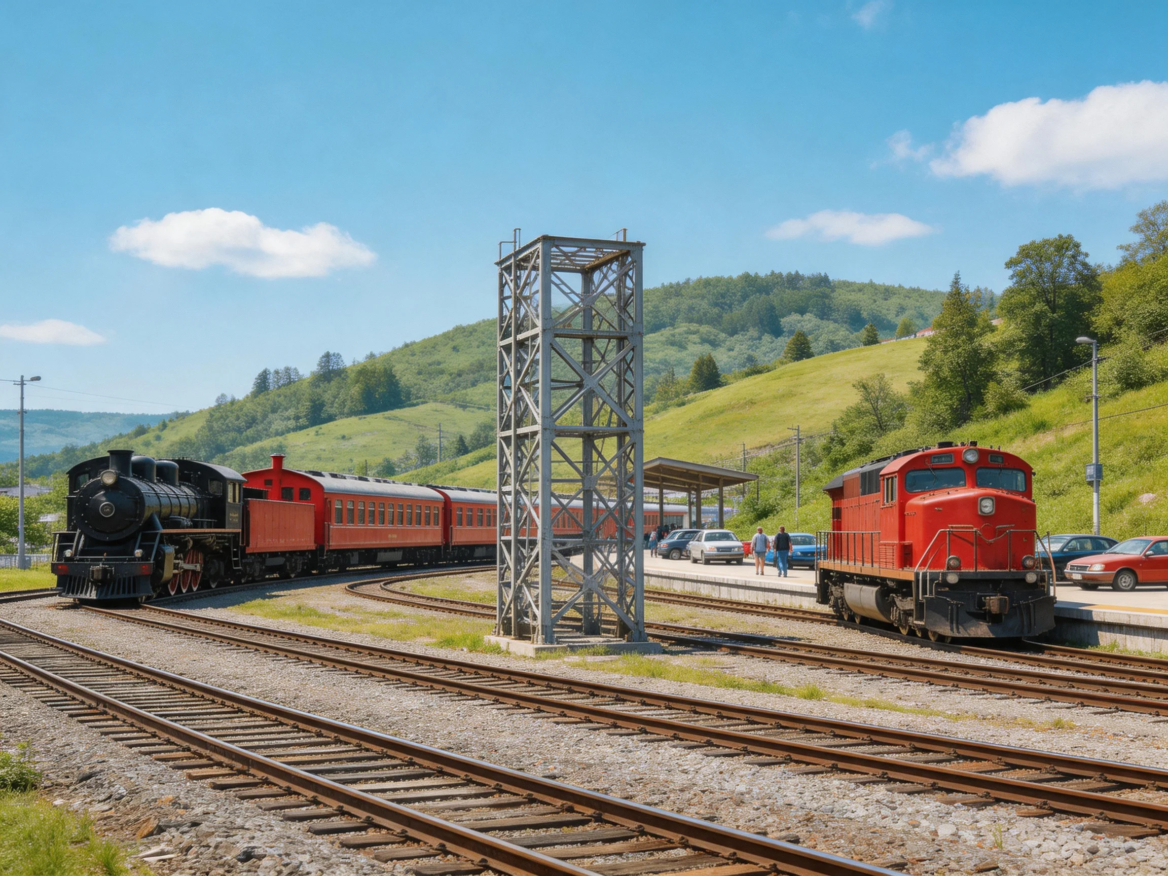 Two trains, one black steam and one red diesel, at a rural railway station with green hills