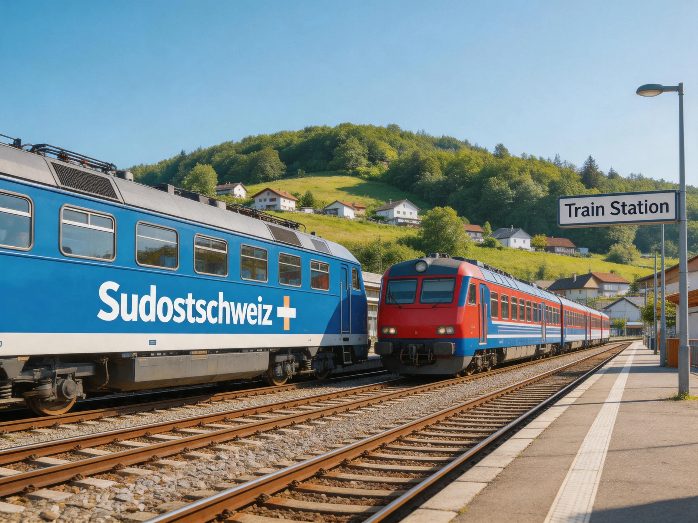 Two trains, one blue Sudostschweiz, one red, at a countryside train station