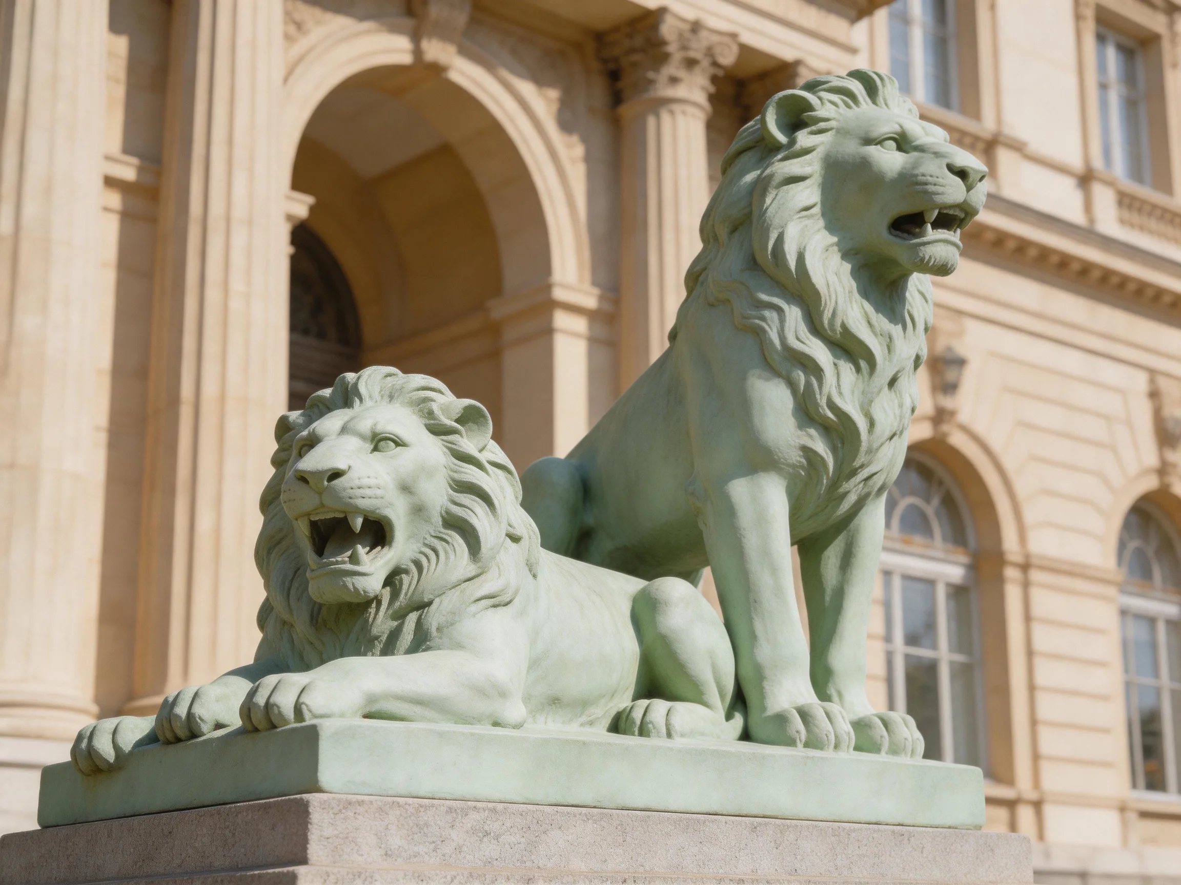 Two verdant lion statues guard a grand stone building entrance.