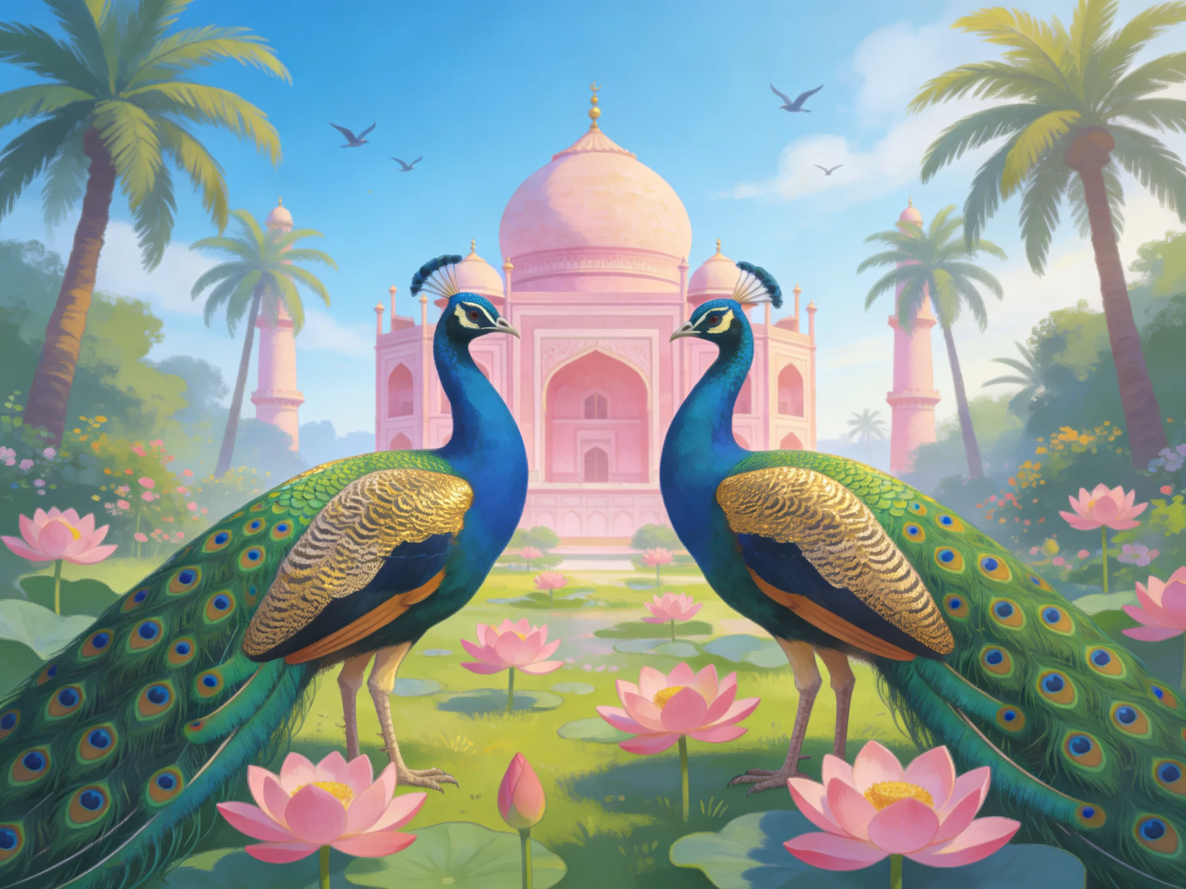 Two vibrant peacocks near pink temple with lotus flowers