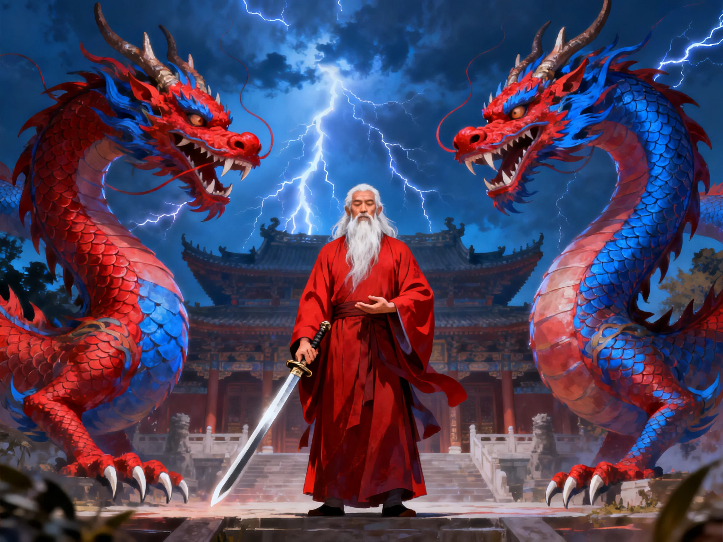 Two vibrant red - blue dragons flank a robed figure near an ancient temple under stormy skies