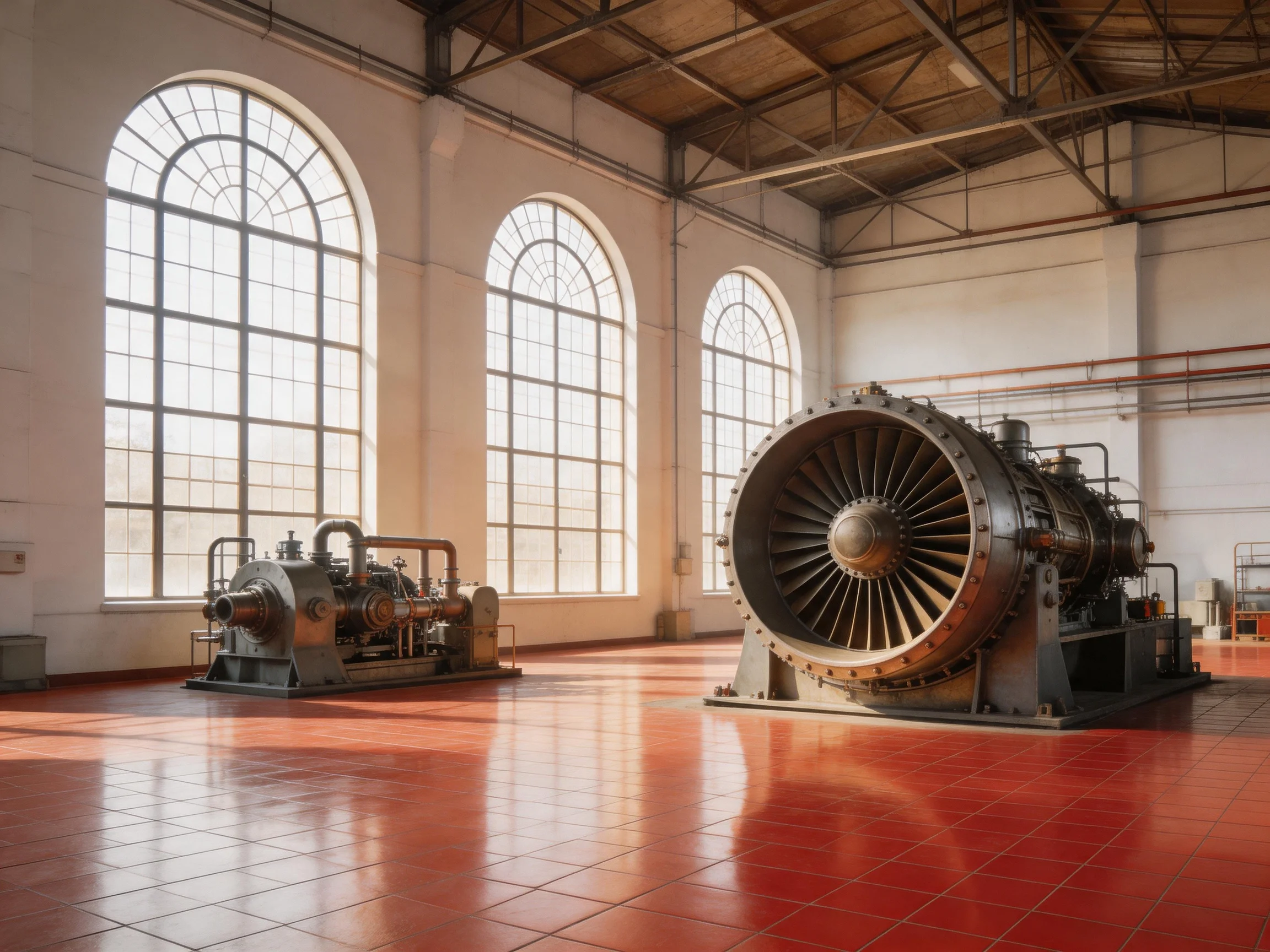 Two vintage industrial turbines in a spacious room with red tile floors and tall arched windows