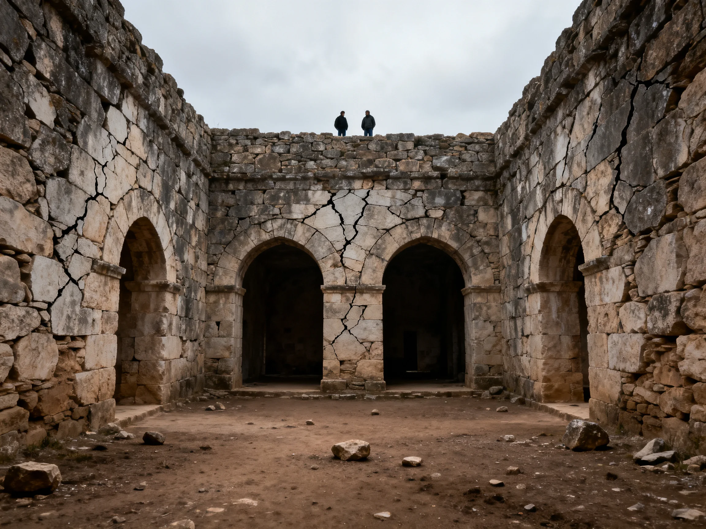 Two visitors atop aged stone ruins with multiple archways