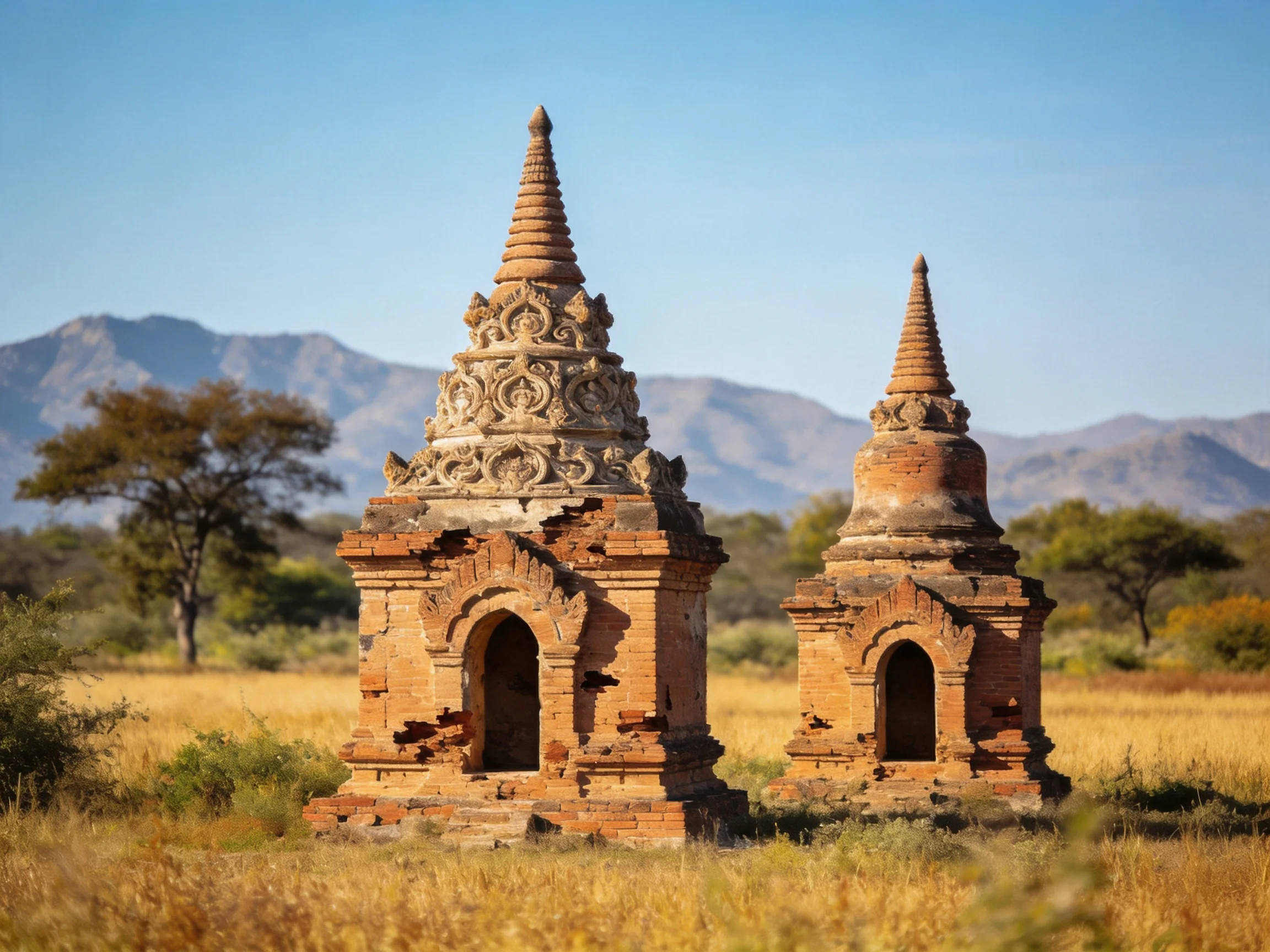 Two weathered brick pagodas stand amid golden fields near distant mountains